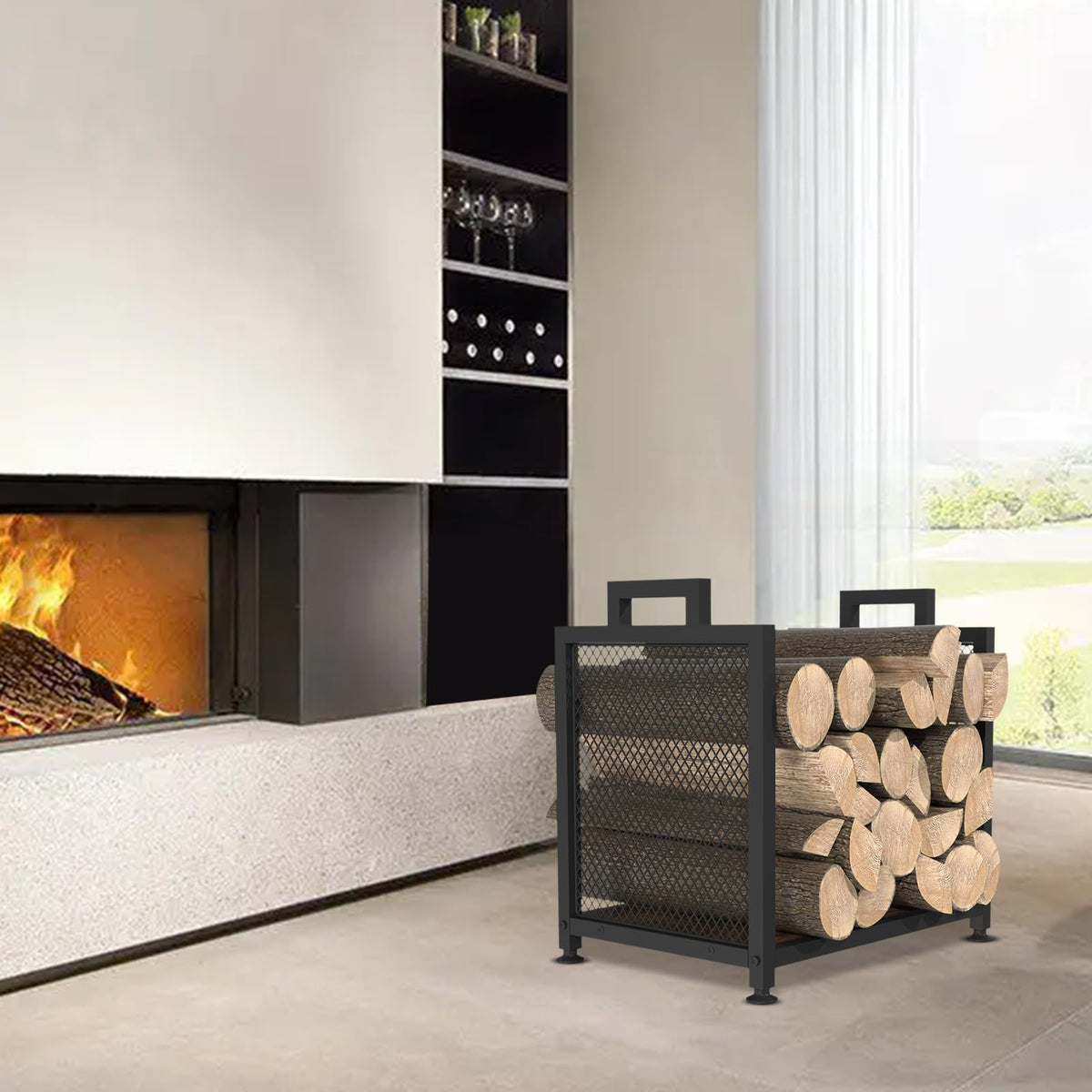 Indoor Firewood Rack with Leather Carrier