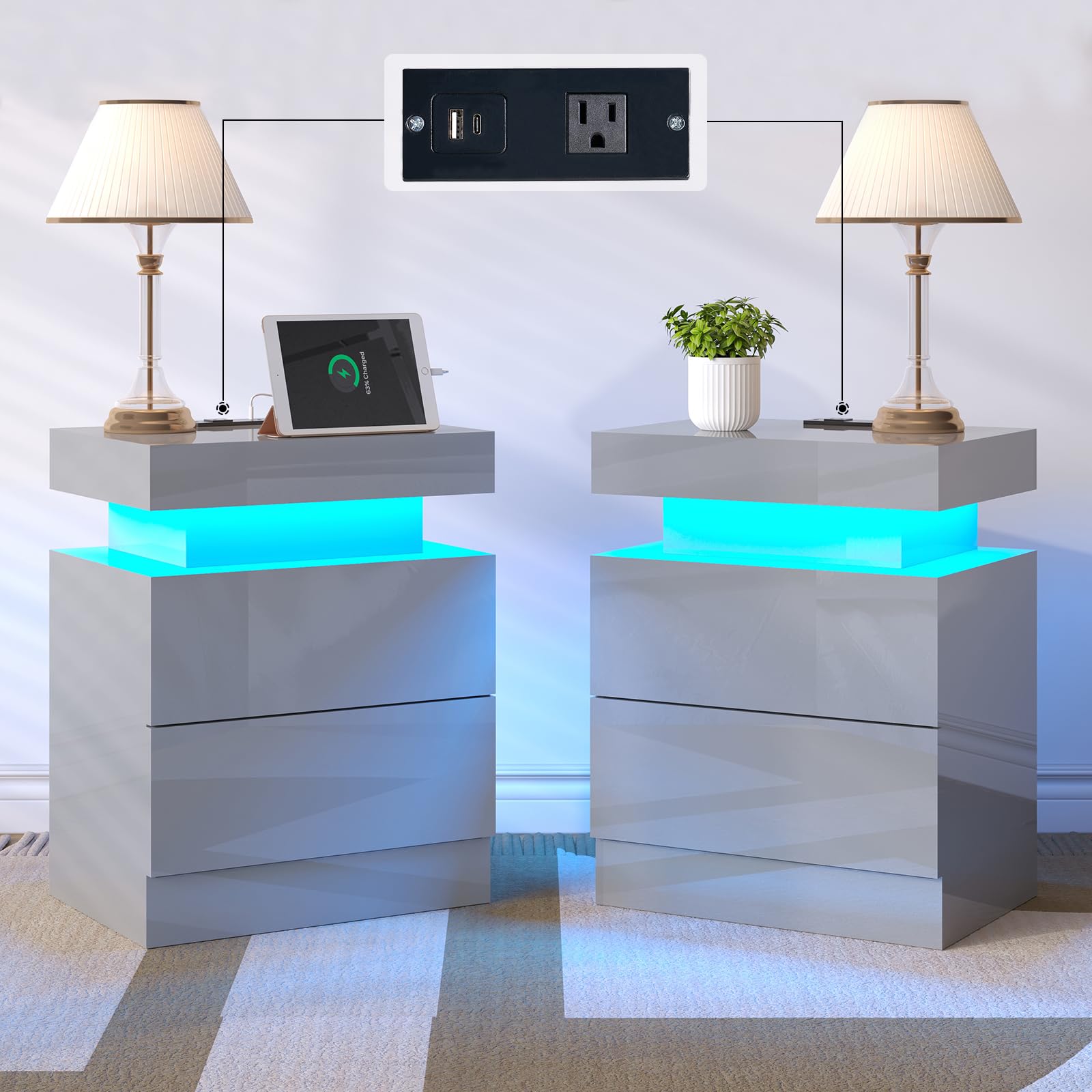 Nightstand Set of 2 with Charging Station and LED Light