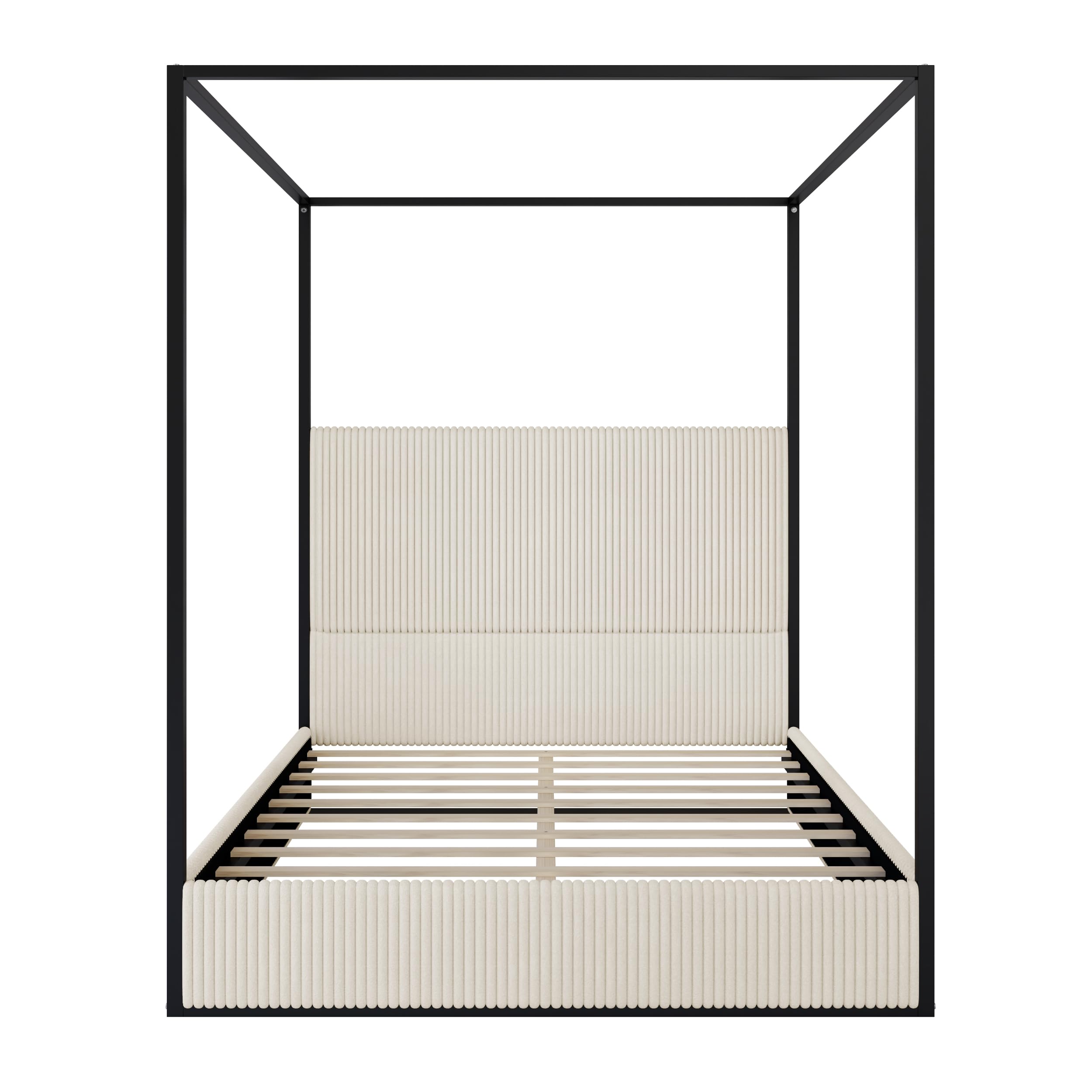 Modern Luxury Queen Metal Canopy Bed with Tall Upholstered Headboard
