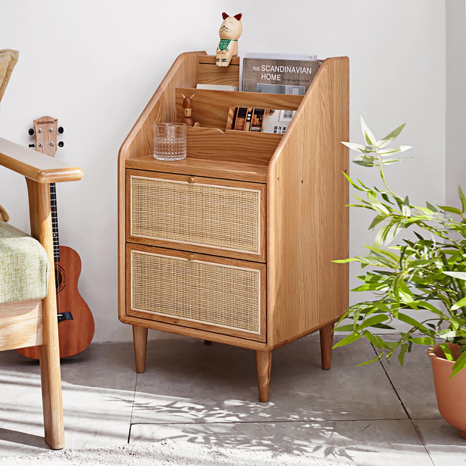 Vadisun Rattan Nightstand, Wood Side Table with Drawer Open Shelf, Mid Century Modern Nightstands, End Table with Solid Wood Legs for Bedroom, Dorm and Small Spaces (Natural)