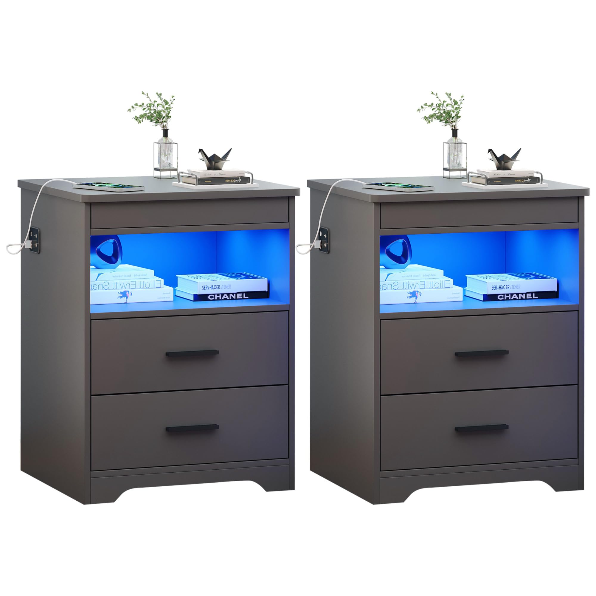 Night Stand Set of 2, Charging Bedside Table with USB & Type-C Port