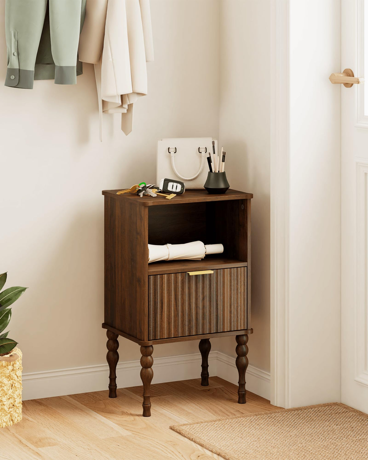 Fluted Nightstand with Drawer & Shelf – Walnut Brown
