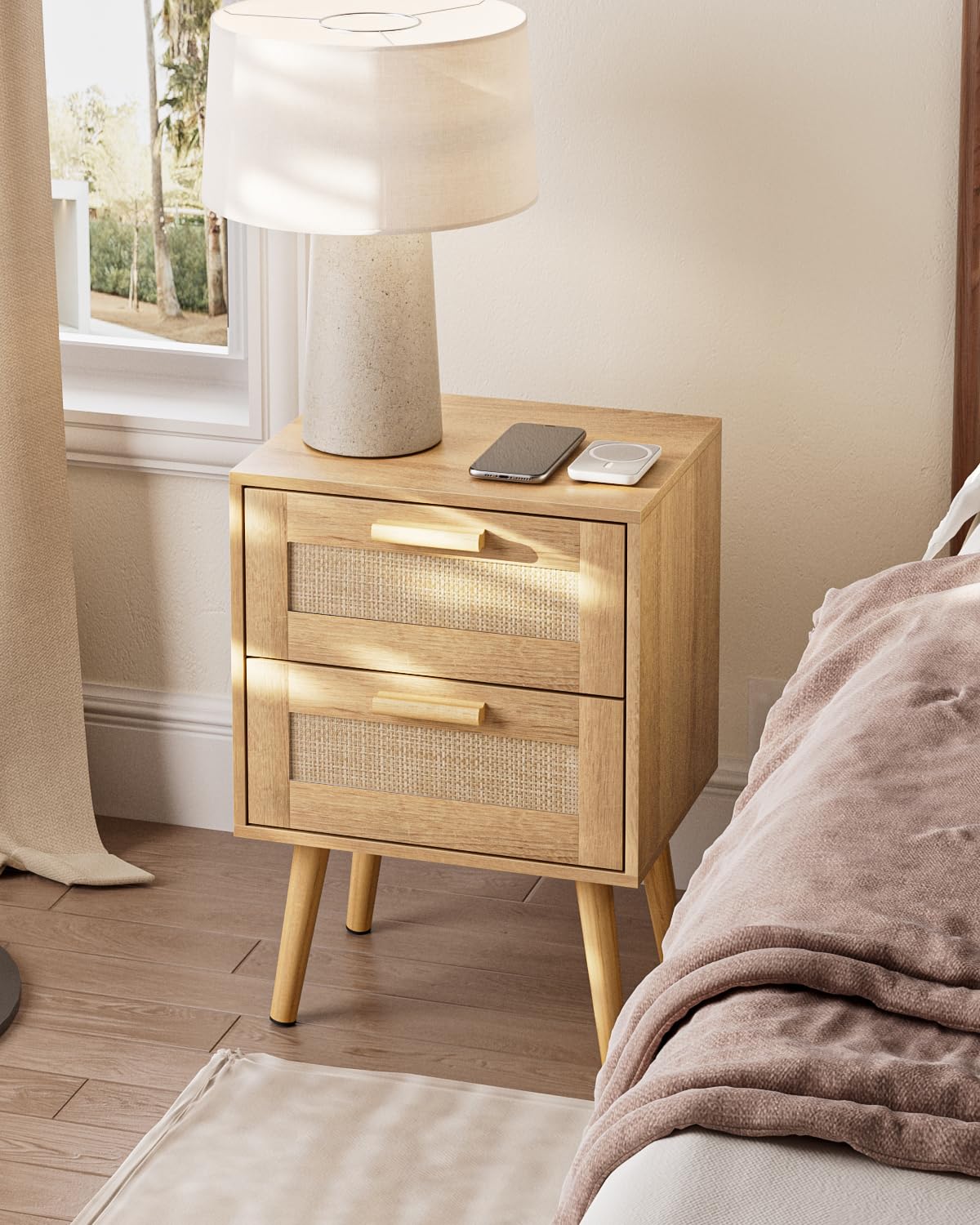 Rattan Night Stand,Modern nightstand Boho Bedside Table with 2 Drawer