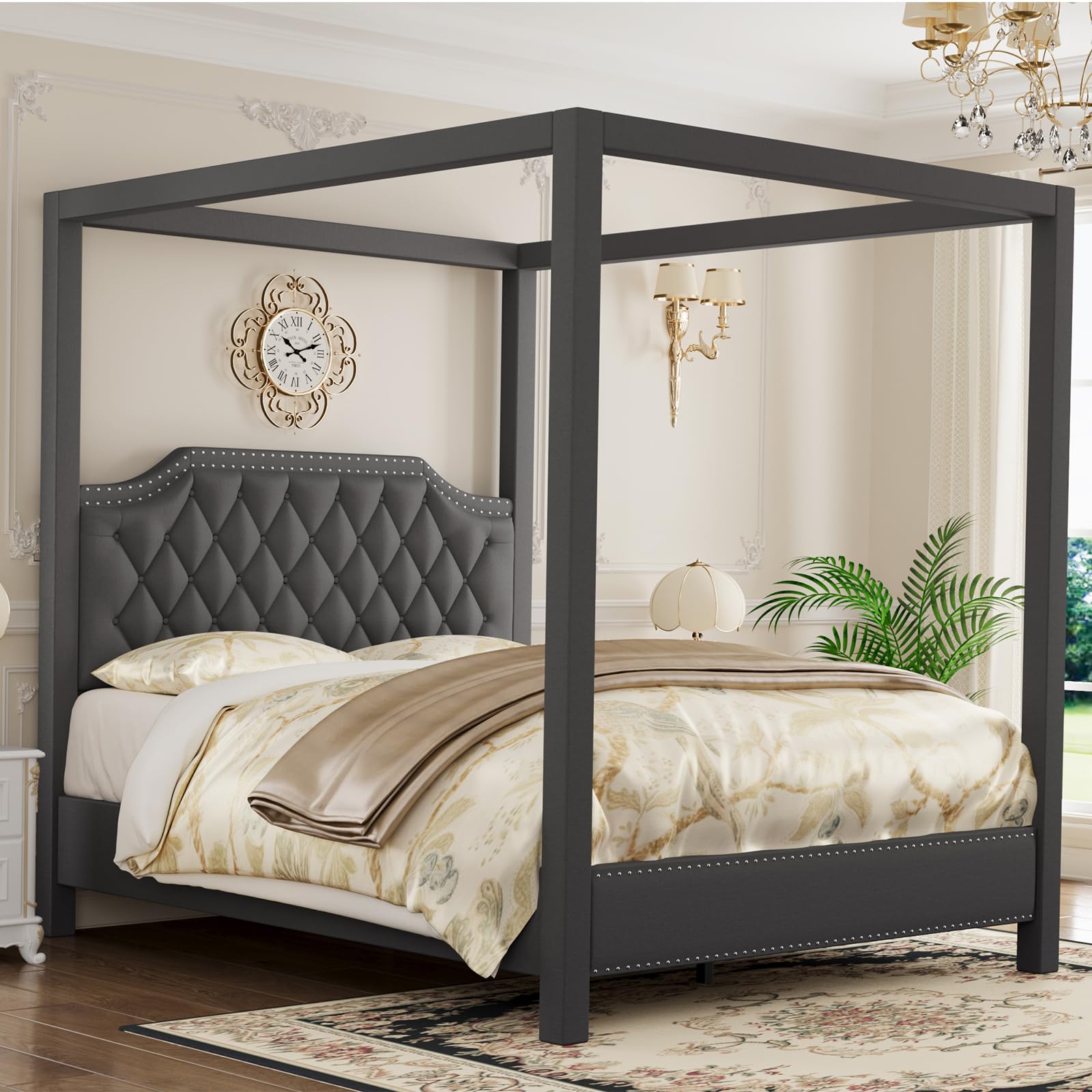 Canopy Bed Frame with Nailhead Decoration Headboar