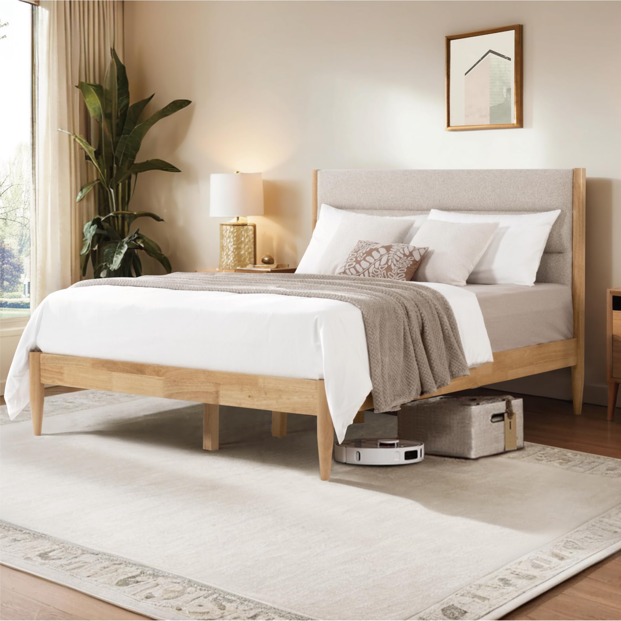 Wood Bed Frame with Upholstered Headboard Wooden Platform