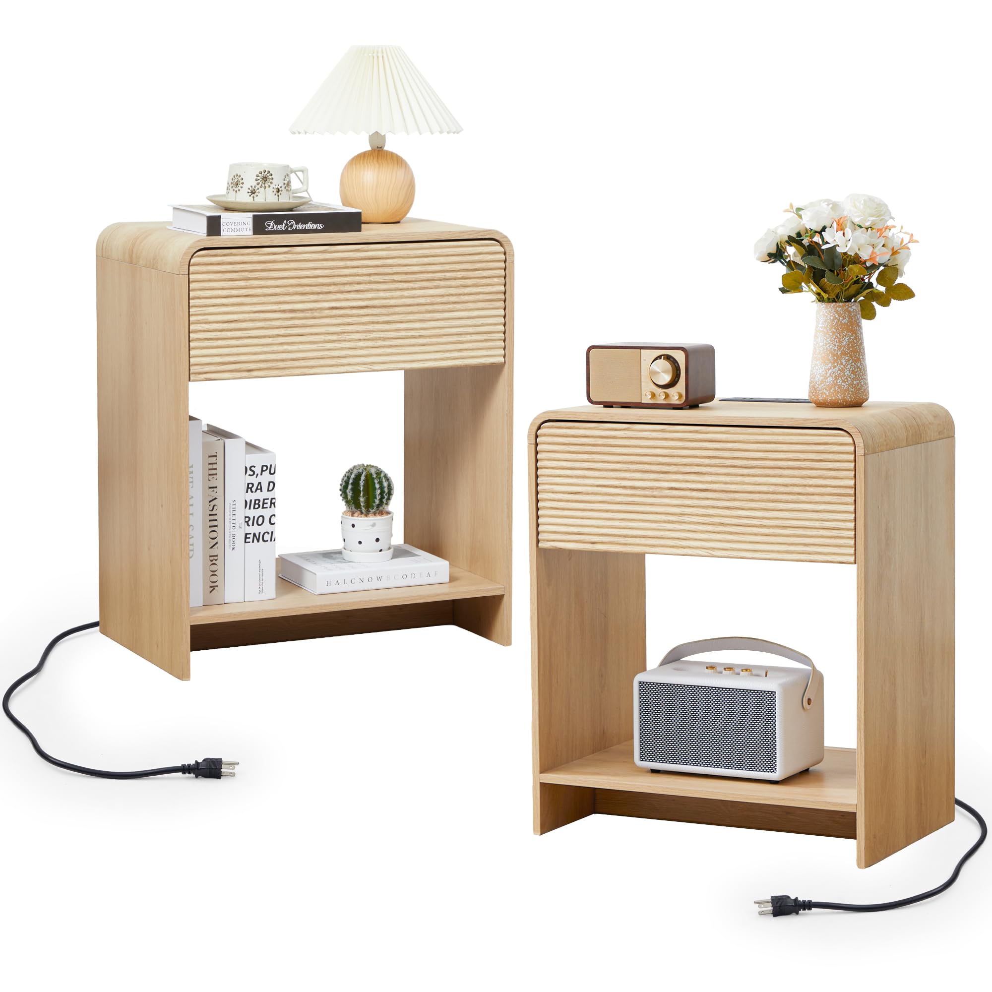 Fluted Nightstand Set of 2 with Charging Station, Modern Bed Side Table End Table