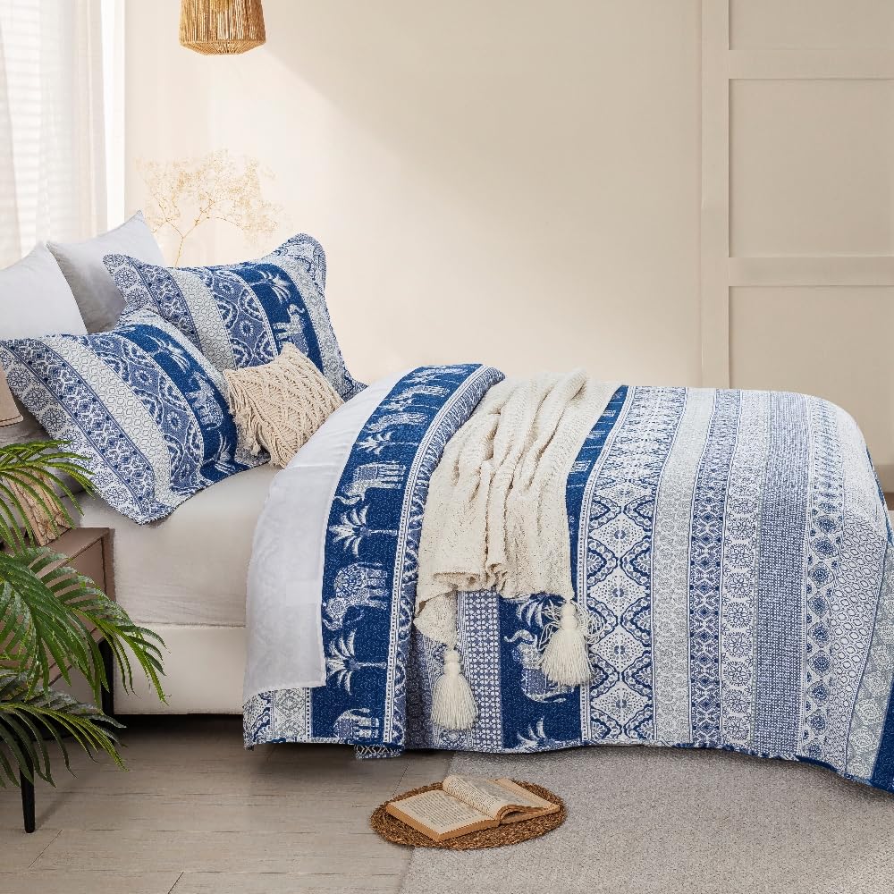 100% Cotton Quilt Set Queen Size, Farmhouse Printed Bed Coverlet Reversible Bedspread