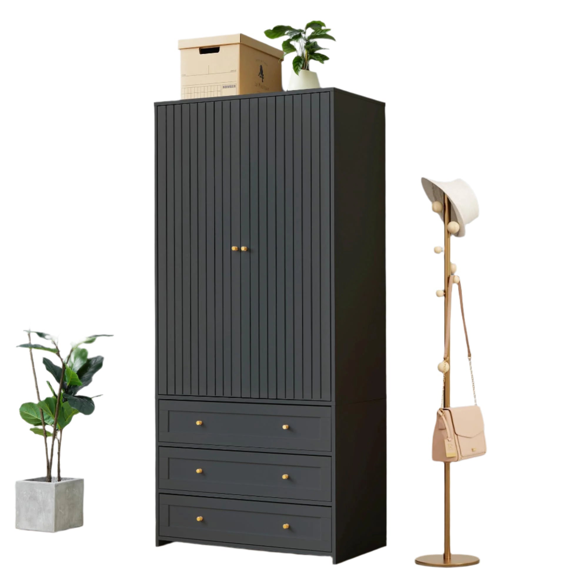 Wardrobe Armoire Closet, 2-Door Wardrobe Cabinet with 3-Drawer and Hanging Rod
