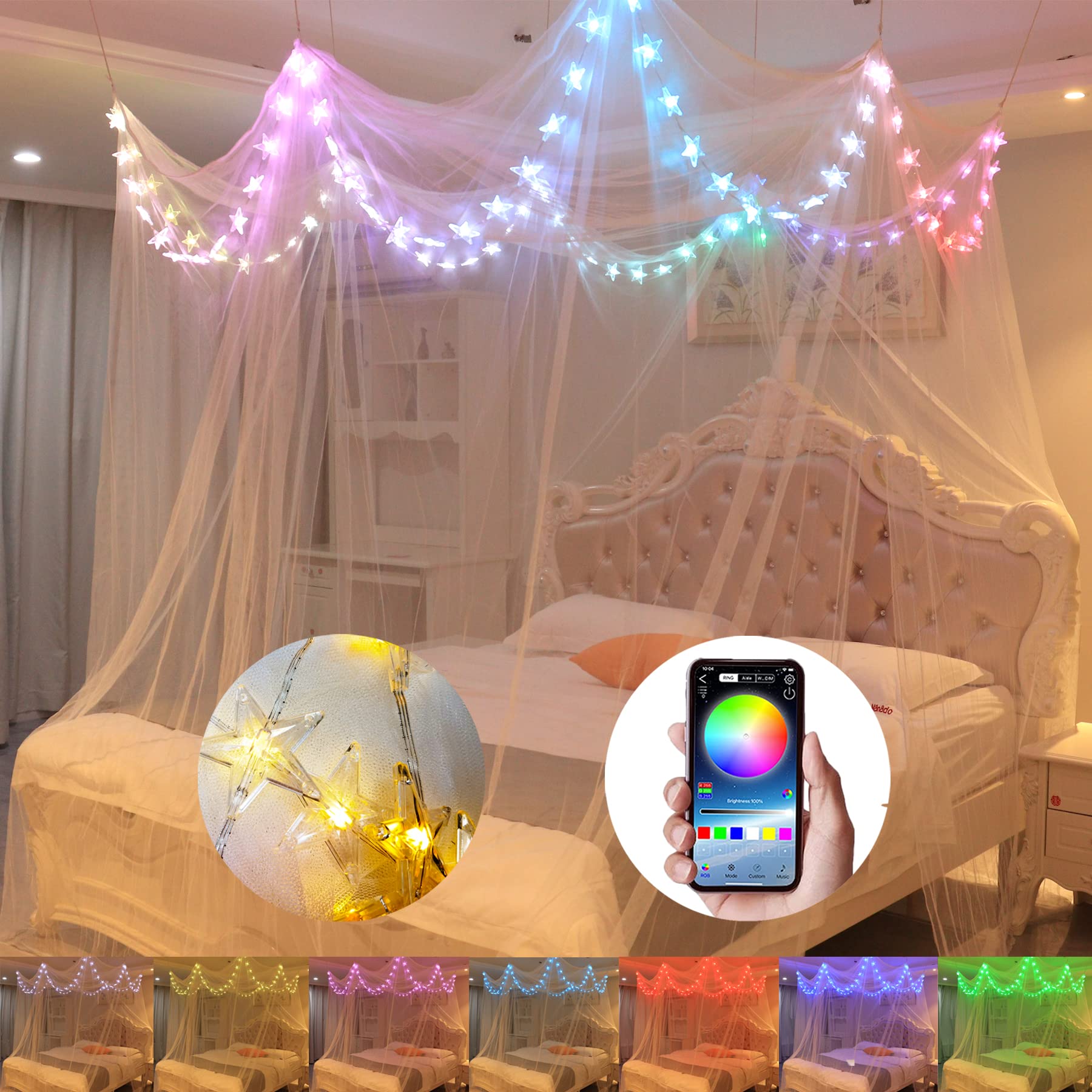 Bed Canopy with LED Star Lights, Canopy Bed Curtain with RGB Color Changing String