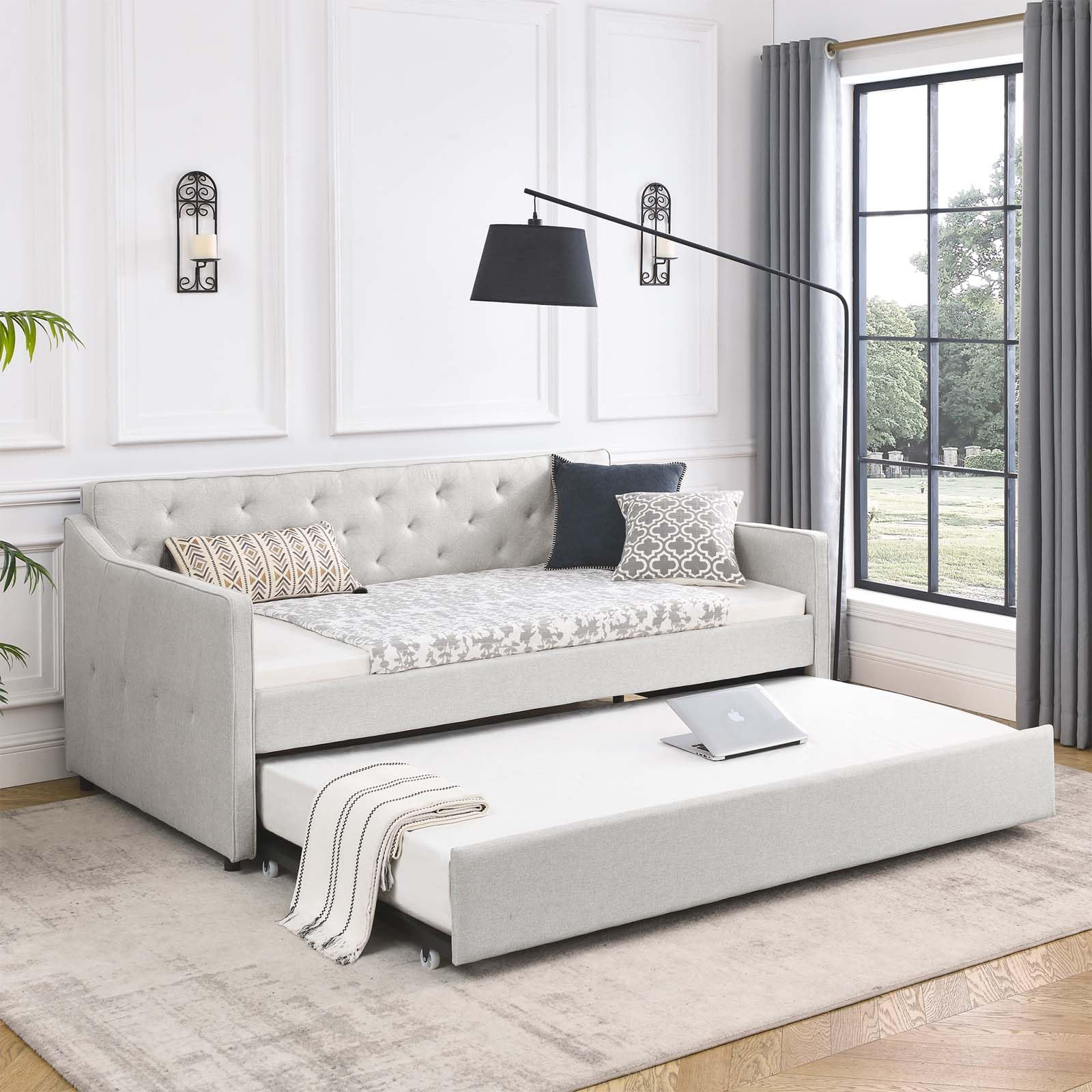 Trundle, Fabric Upholstered Twin Size Day Bed Pull-Point Sofa Daybed Frame