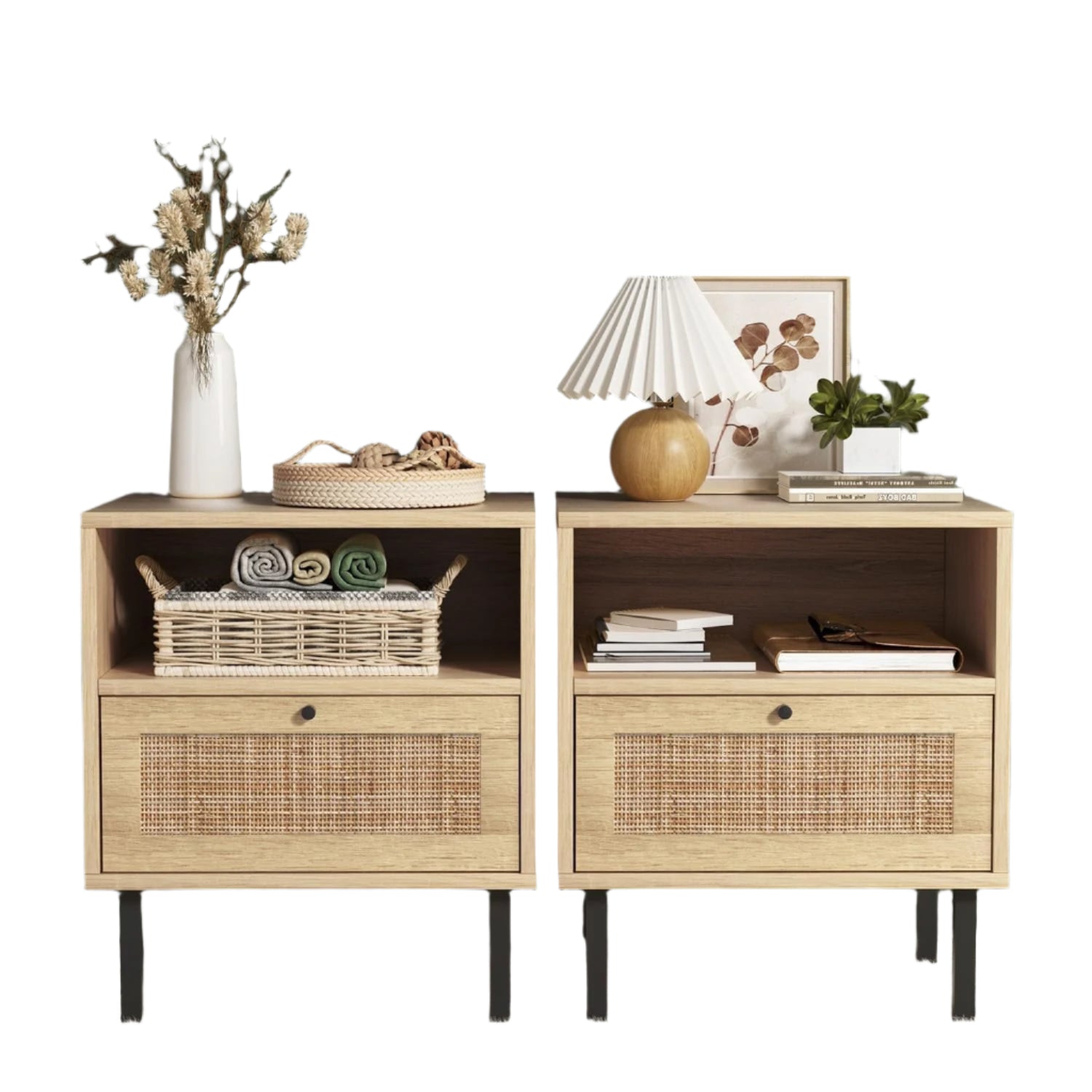 Nightstands Set of 2, Boho Night Stand with 1 Door, Accent End Table