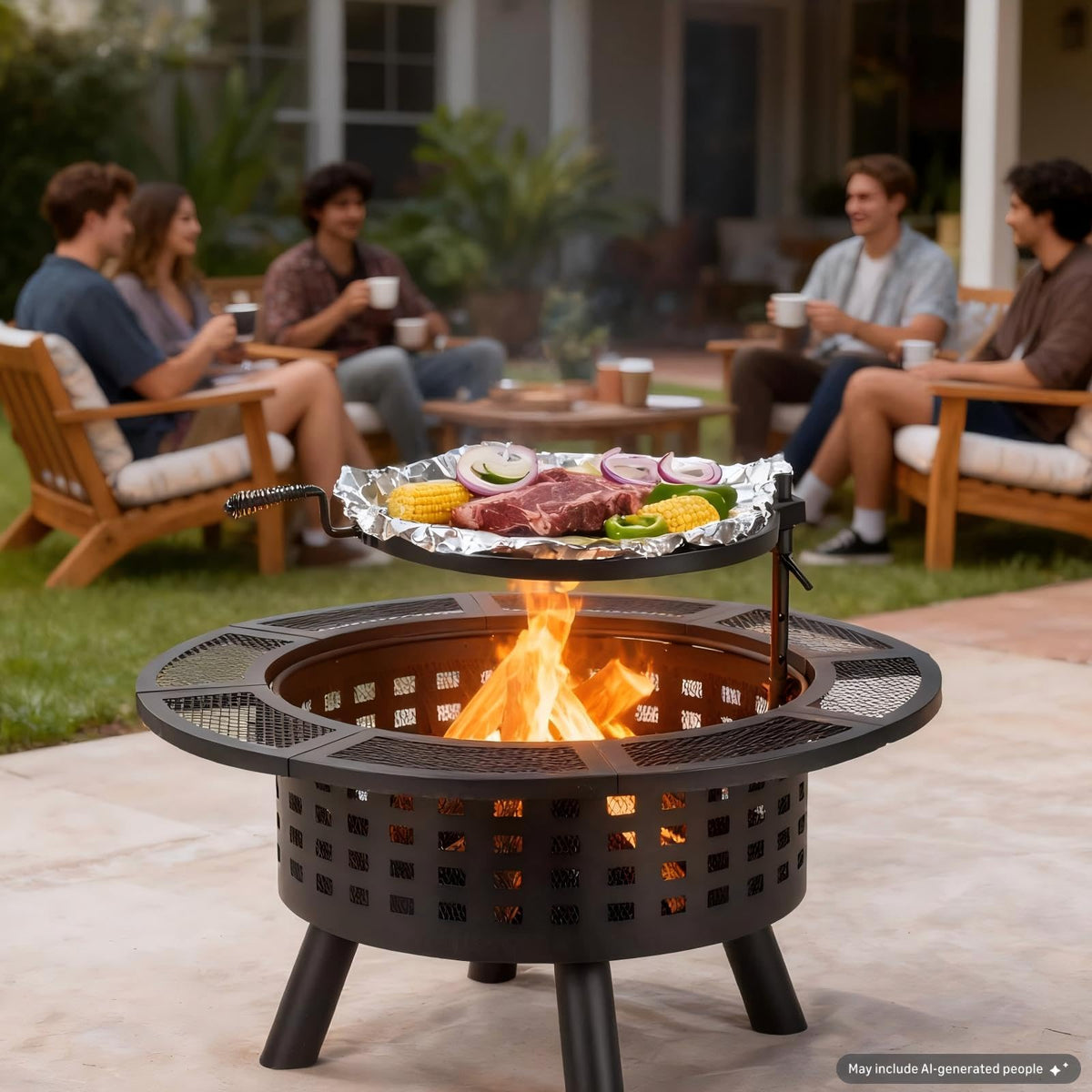 3-in-1 Outdoor Wood Burning Fire Pit with Cooking Grate, 36 Inch Round