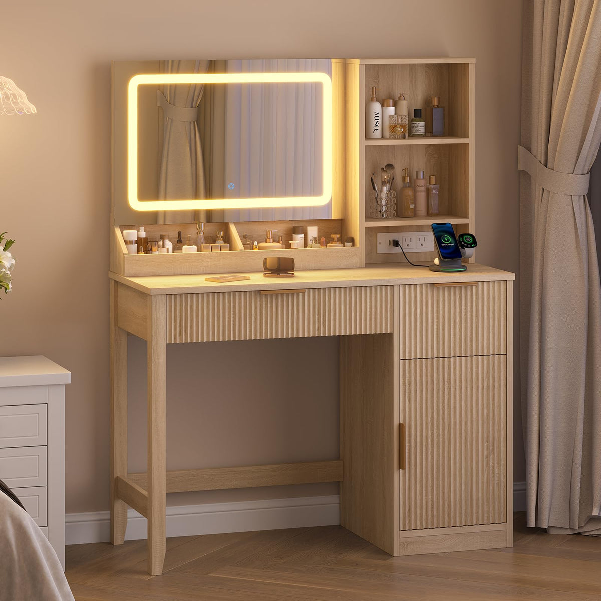 Fluted Vanity Desk with LED Mirror and Charging Station