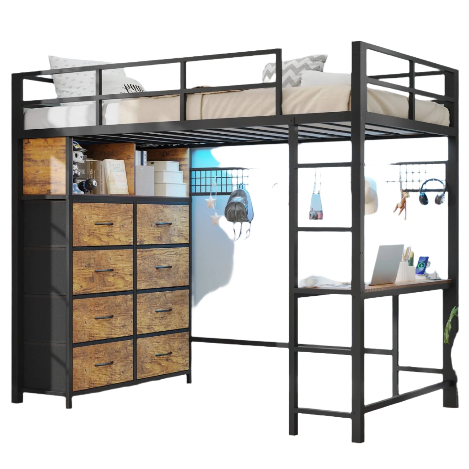BTHFST Twin Loft Bed with Desk & 8 Storage Drawers Tall Dresser, Metal Loft Bed with LED Lights & Charging Station, 2-Tier Storage Shelves, Stable & Sturdy, Noise Free, Rustic Brown and Black
