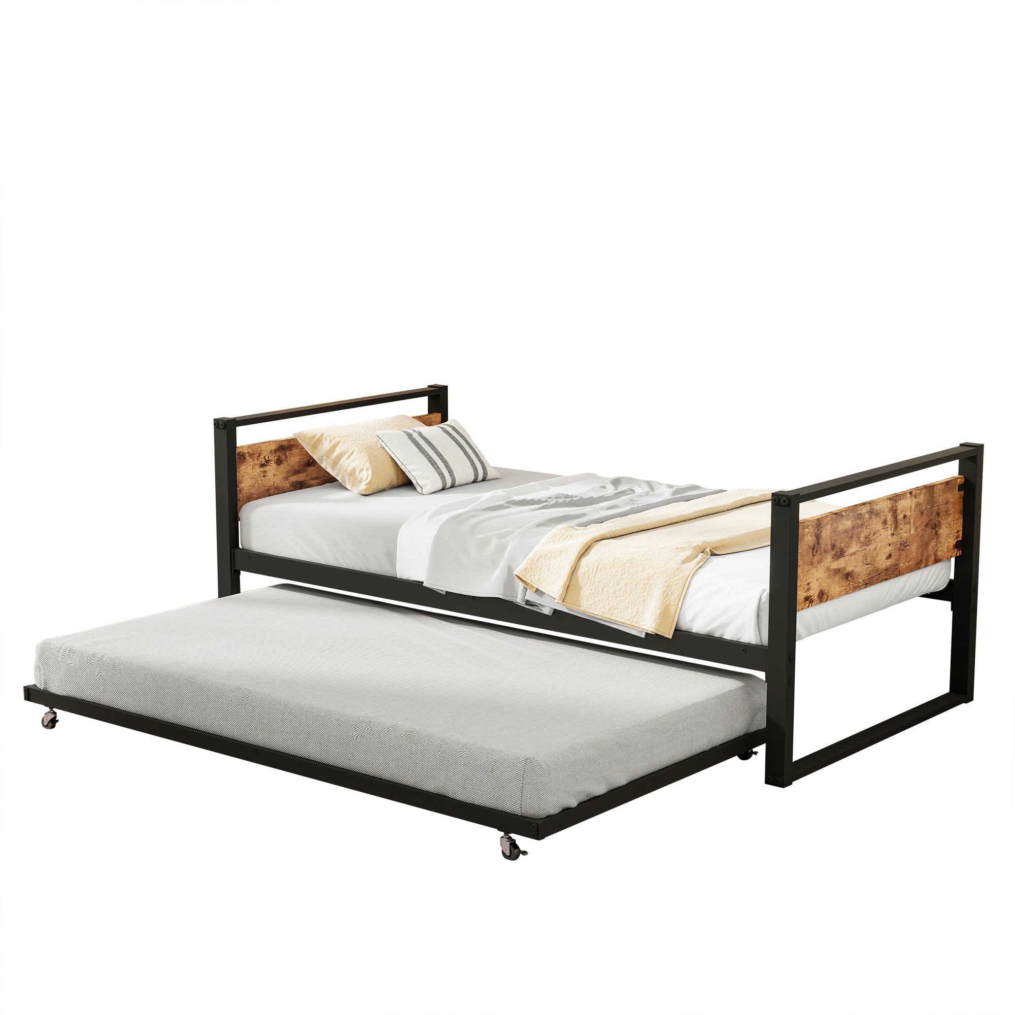 Twin Bed Frame with Wooden Headboard, Metal Daybed with Trundle