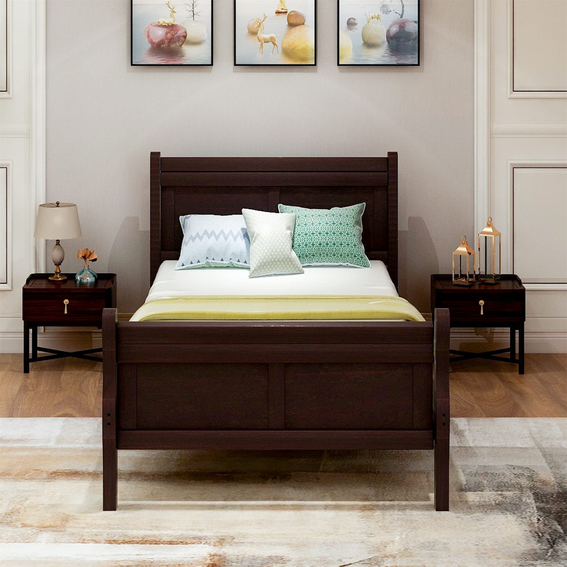 Wooden Twin Platform Bed Twin Bed Frame with Headboard and Footboard, Sleigh Bed