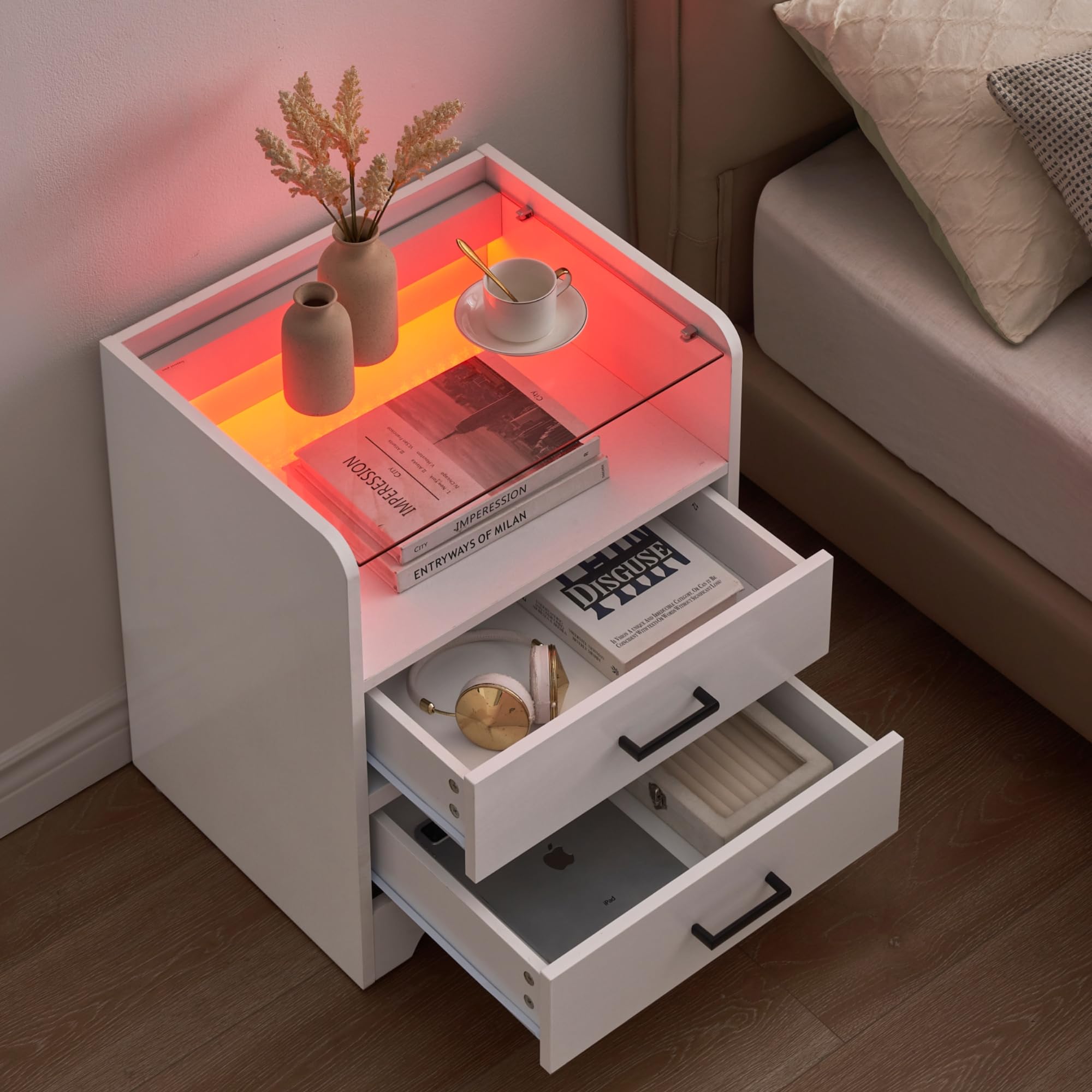 Night Stand with 2 Drawers, Smart End Side Table with LED Lights and Glass Top