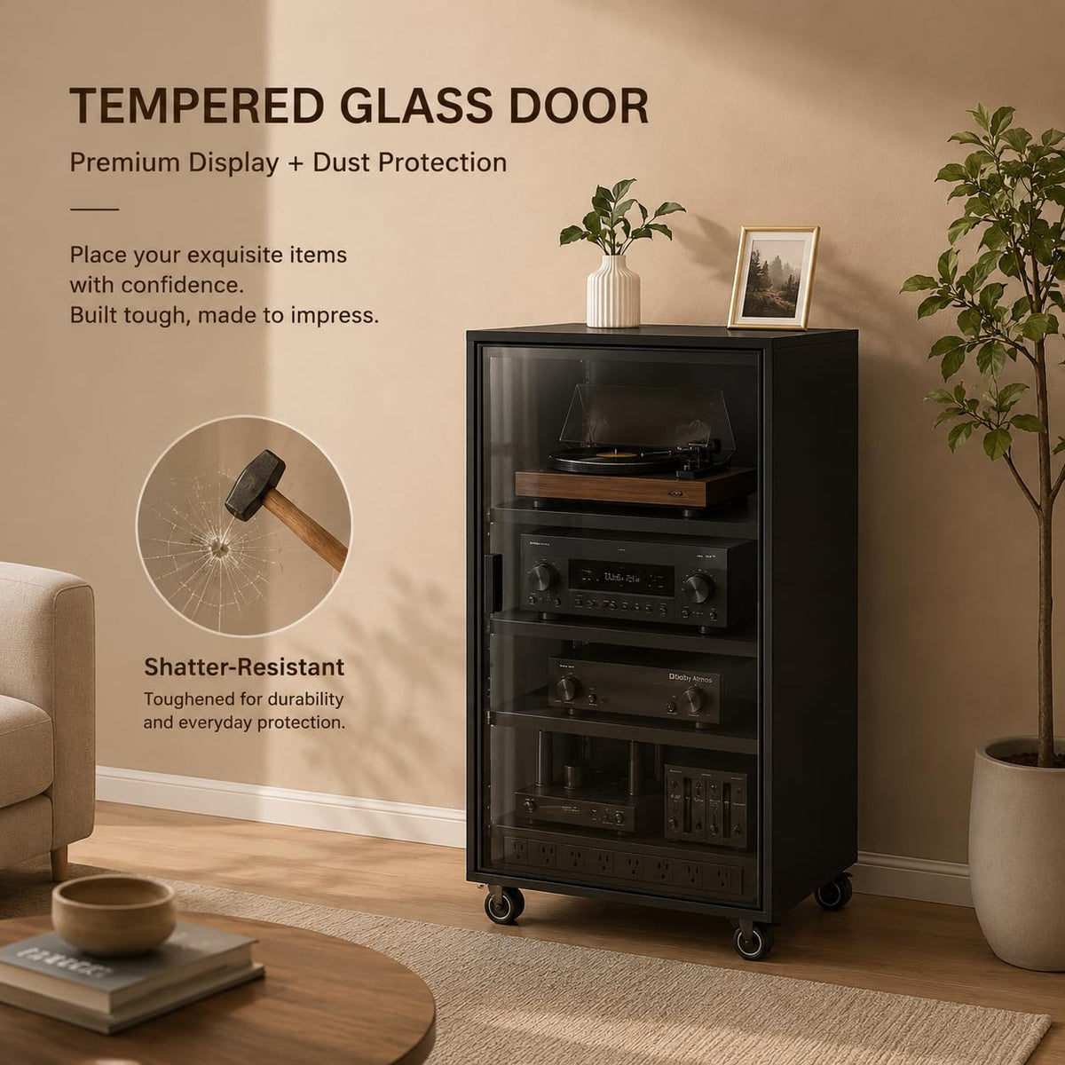 Rolling Audio Cabinet with Tempered Glass Door