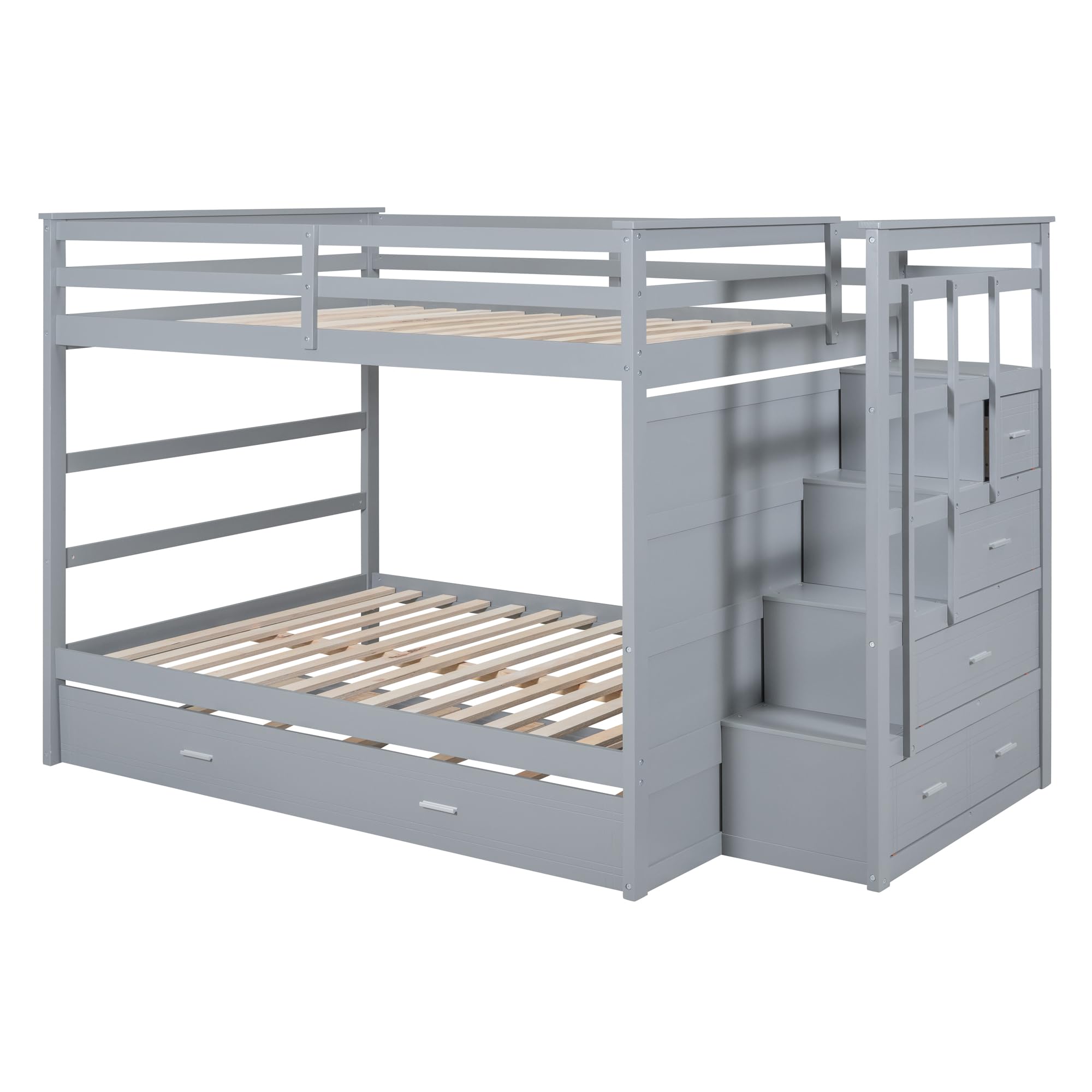 Over Full Bunk Bed with Twin Trundle and Drawers, Space Saving Wooden Bed Frame