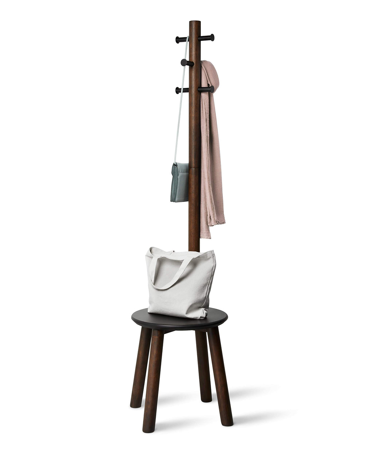 2-in-1 Freestanding Coat Rack with Stool & 6 Hooks