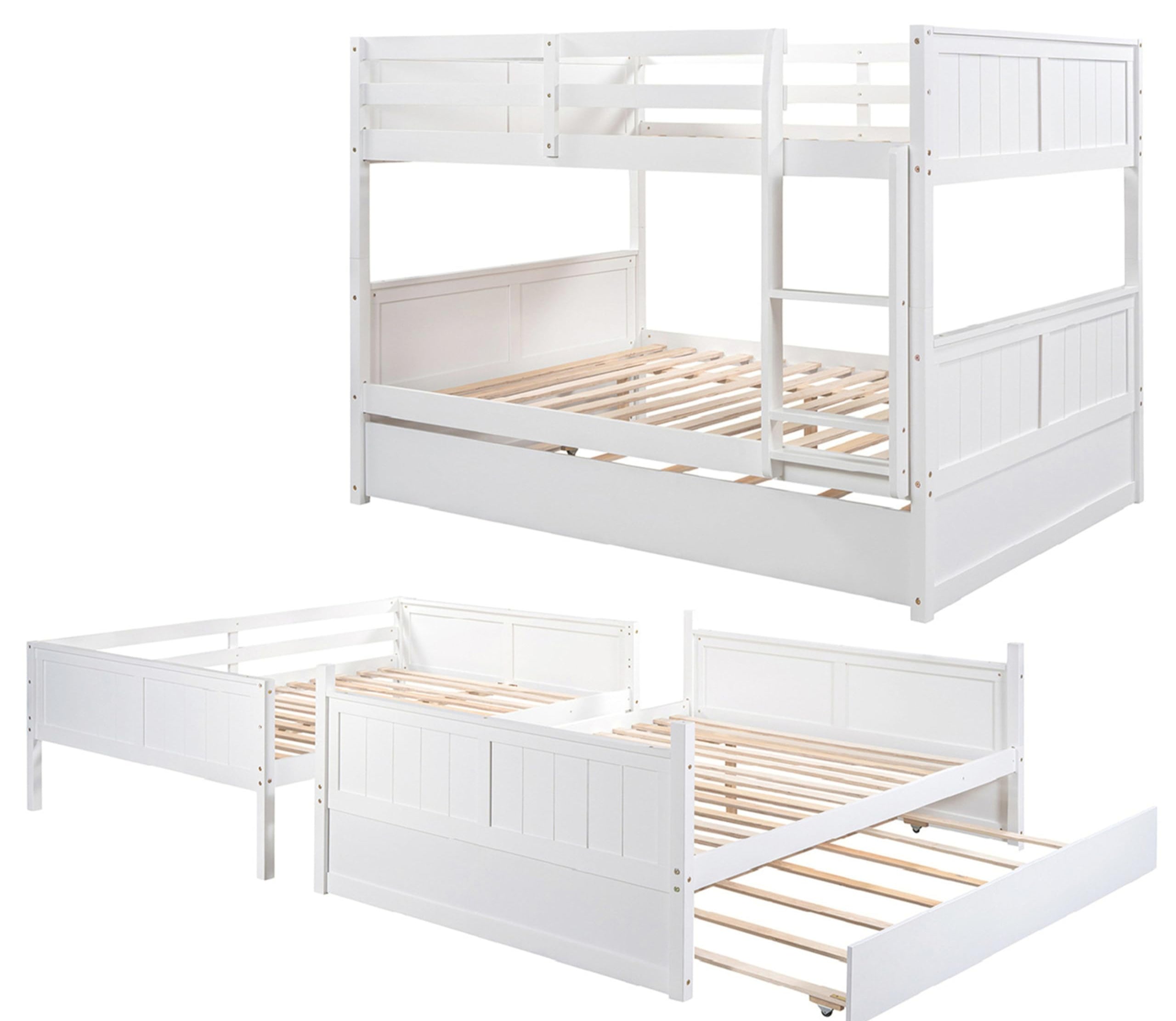 New Upgrade Thicken Solid Wood Bunk Bed Full Over Full with Trundle, Full Size