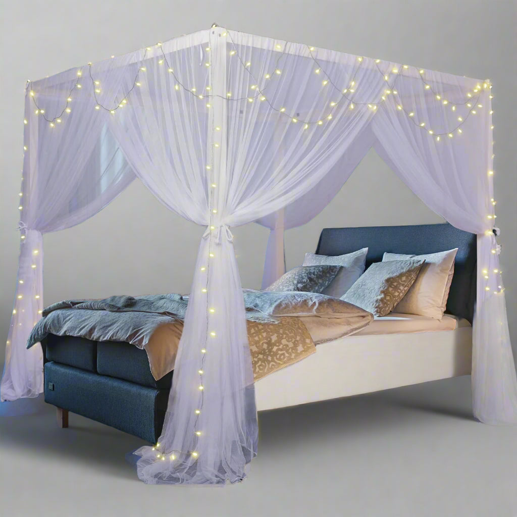 White Canopy Bed Curtains, 4 Corner Post Bed Canopy for Girls & Adults