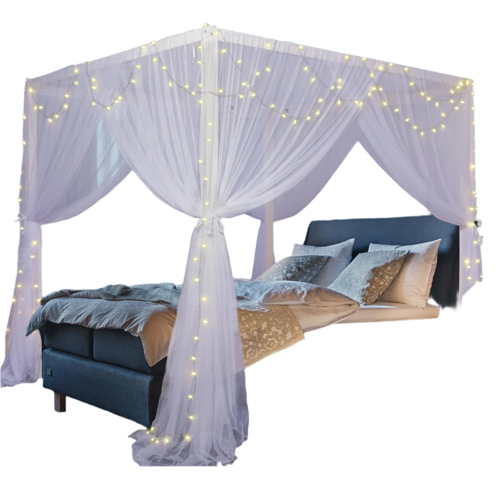 South to East White Canopy Bed Curtains, 4 Corner Post Bed Canopy for Girls & Adults