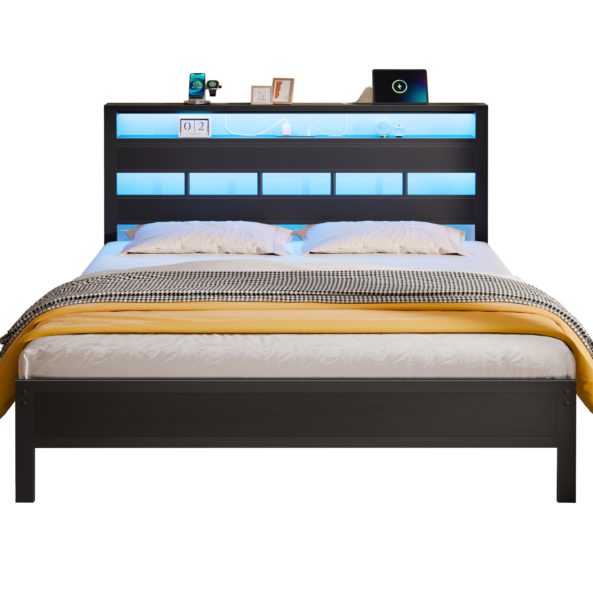 Queen Bed Frame with Storage Headboard and LED Lights, Metal Bedframe