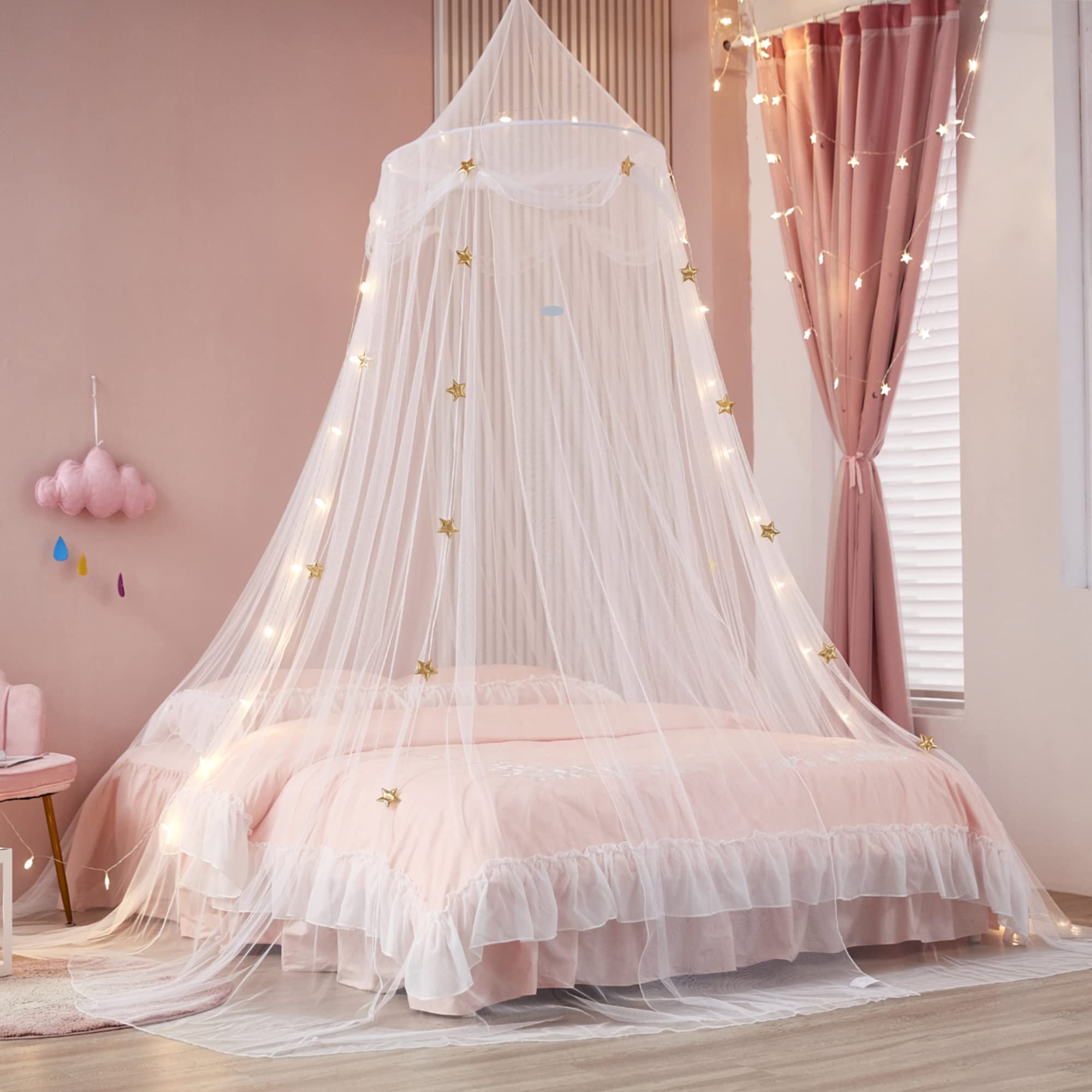 Bed Canopy with Lights for Girls,Gold Star Princess Crib Canopy Curtains