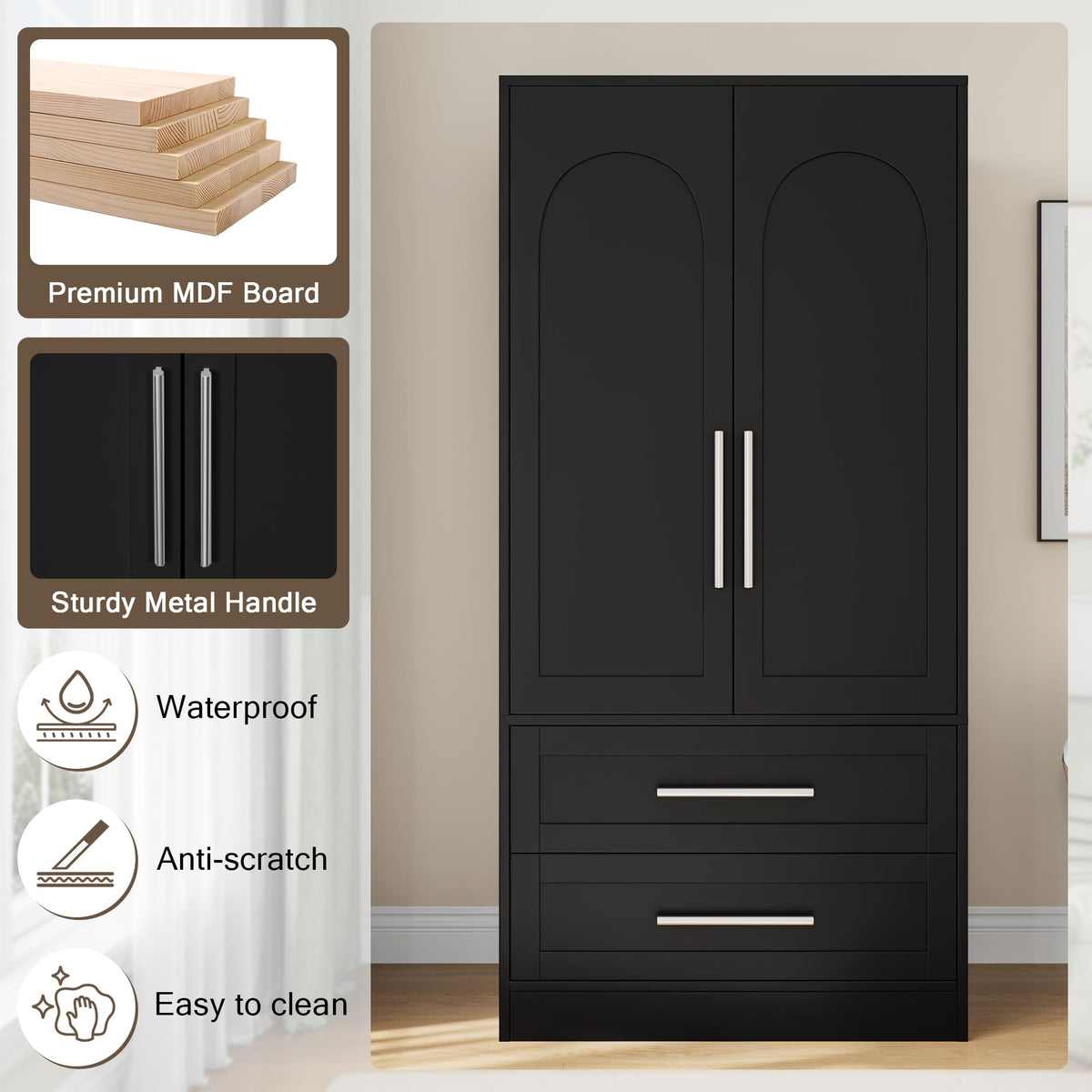 2-Door 2-Drawer Wooden Wardrobe Closet with Shelves