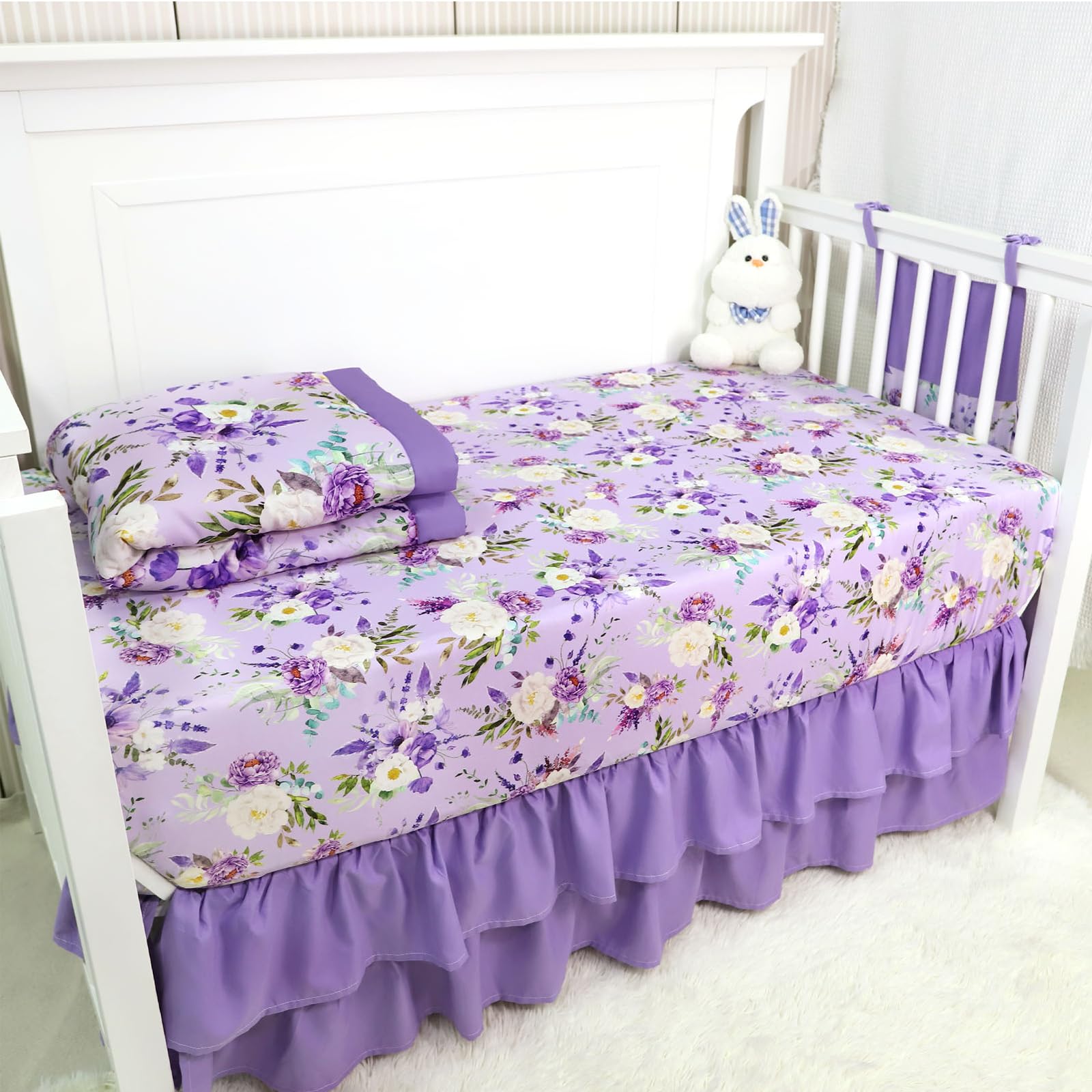 Crib Bedding Set for Girls, Purple Baby Crib Bedding Set 4 Piece