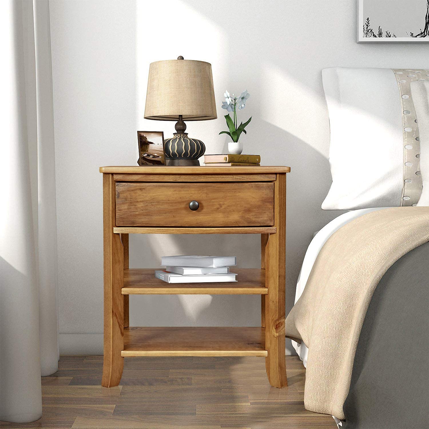 Rustic Wood 3-Tier Nightstand with Storage Shelf and Drawer for Bedroom