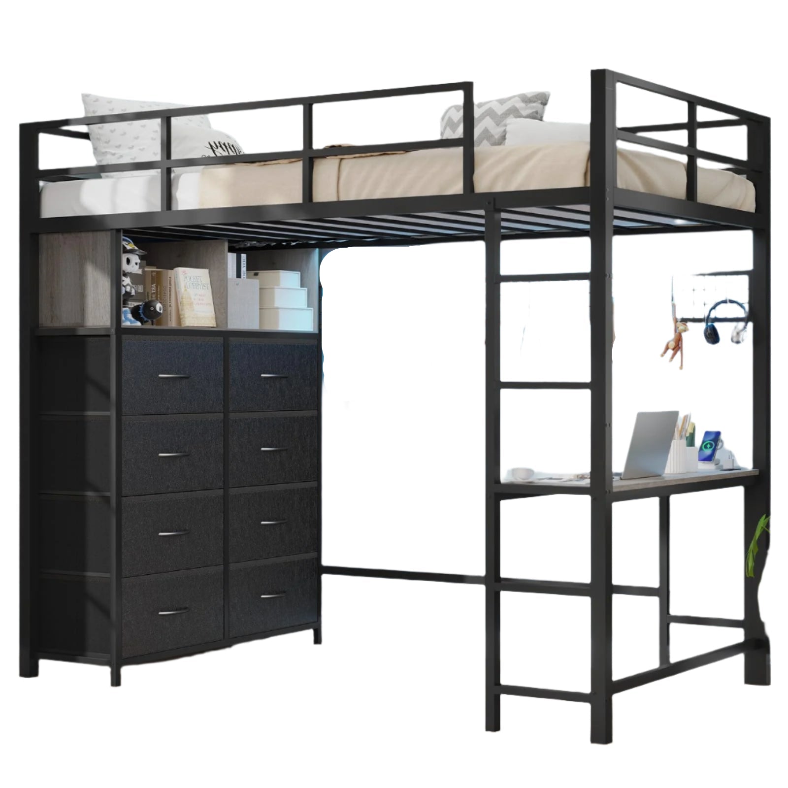 Twin Loft Bed with Desk & 8 Storage Drawers Tall Dresser, Black Metal Loft