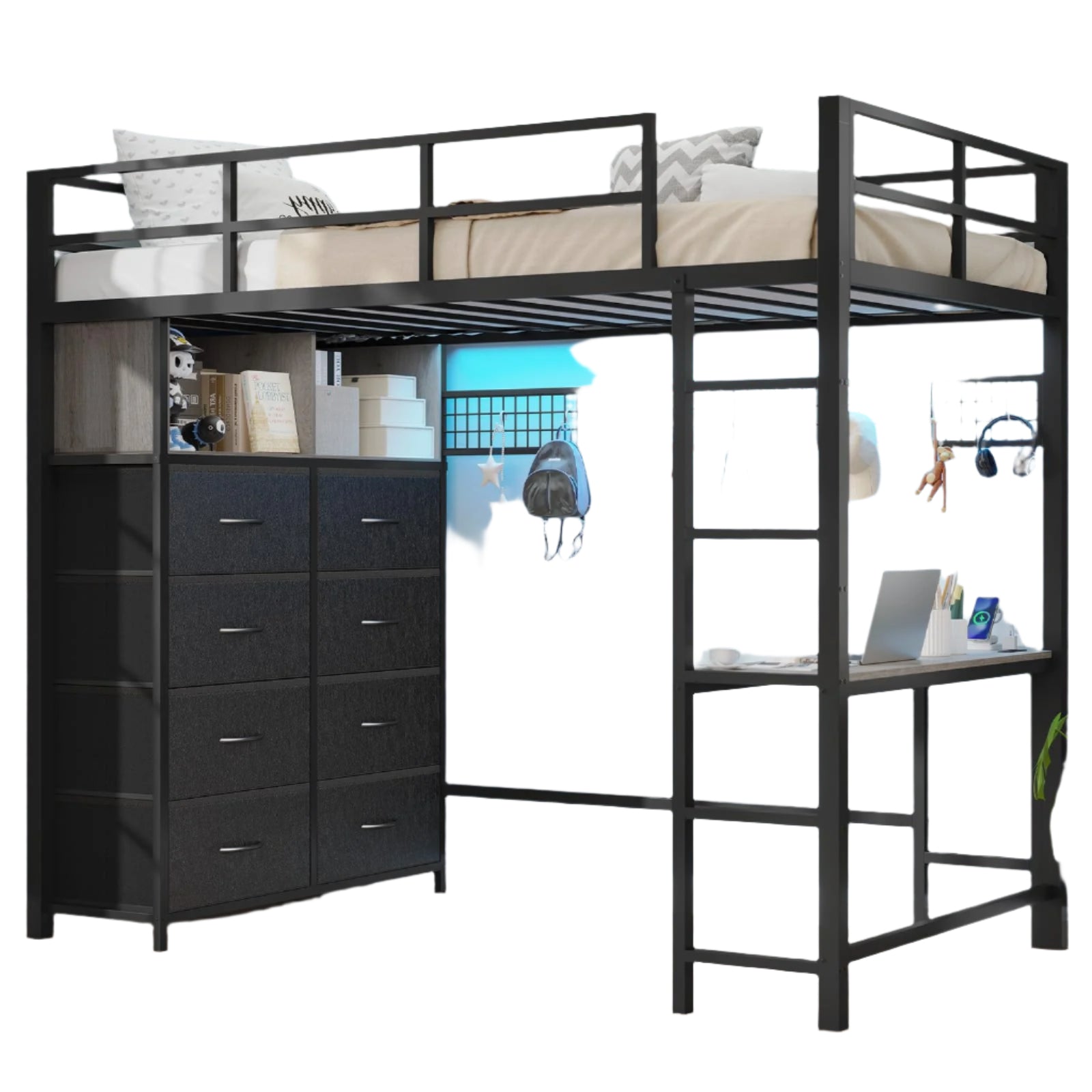 Twin Loft Bed with Desk & 8 Storage Drawers Tall Dresser, Black Metal Loft Bed