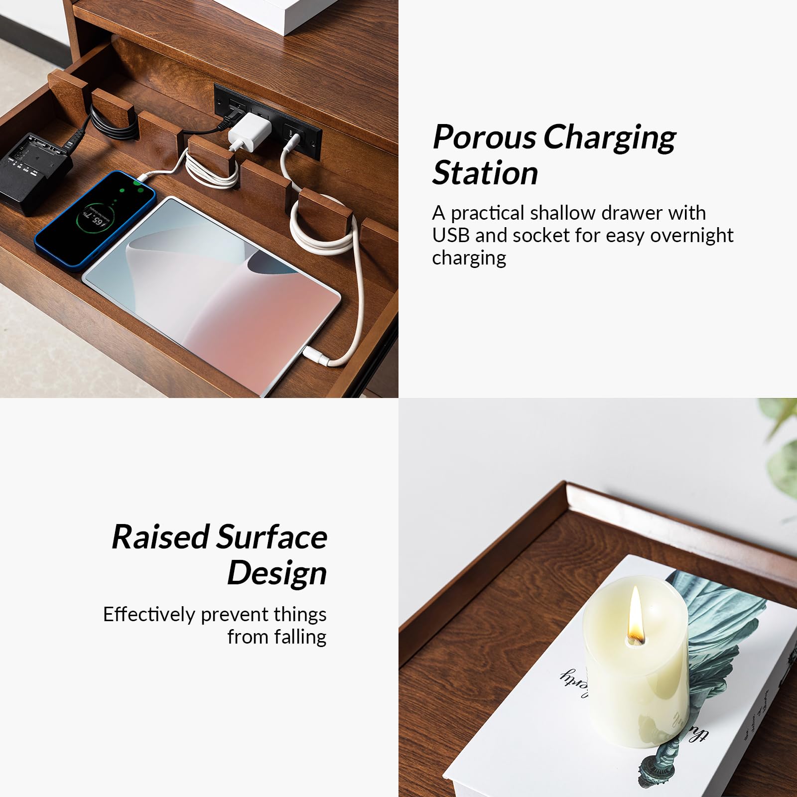 HULALA HOME 2 Drawer Nightstand with Charging Station, Mid-Century Modern Bedside Tables with Wood Legs, Wood Night Stand with Pull-Out Shelf Set of 2, Walnut