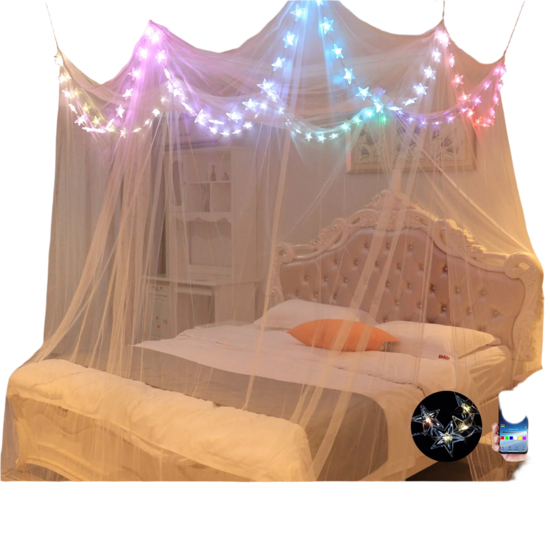 Bed Canopy with LED Star Lights, Canopy Bed Curtain with RGB Color Changing String