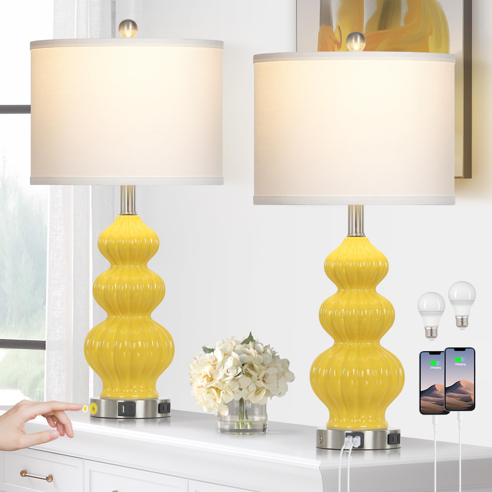 Triple Gourd Ceramic Table Lamps Set of 2, Modern Yellow Bedside Lamps with USB