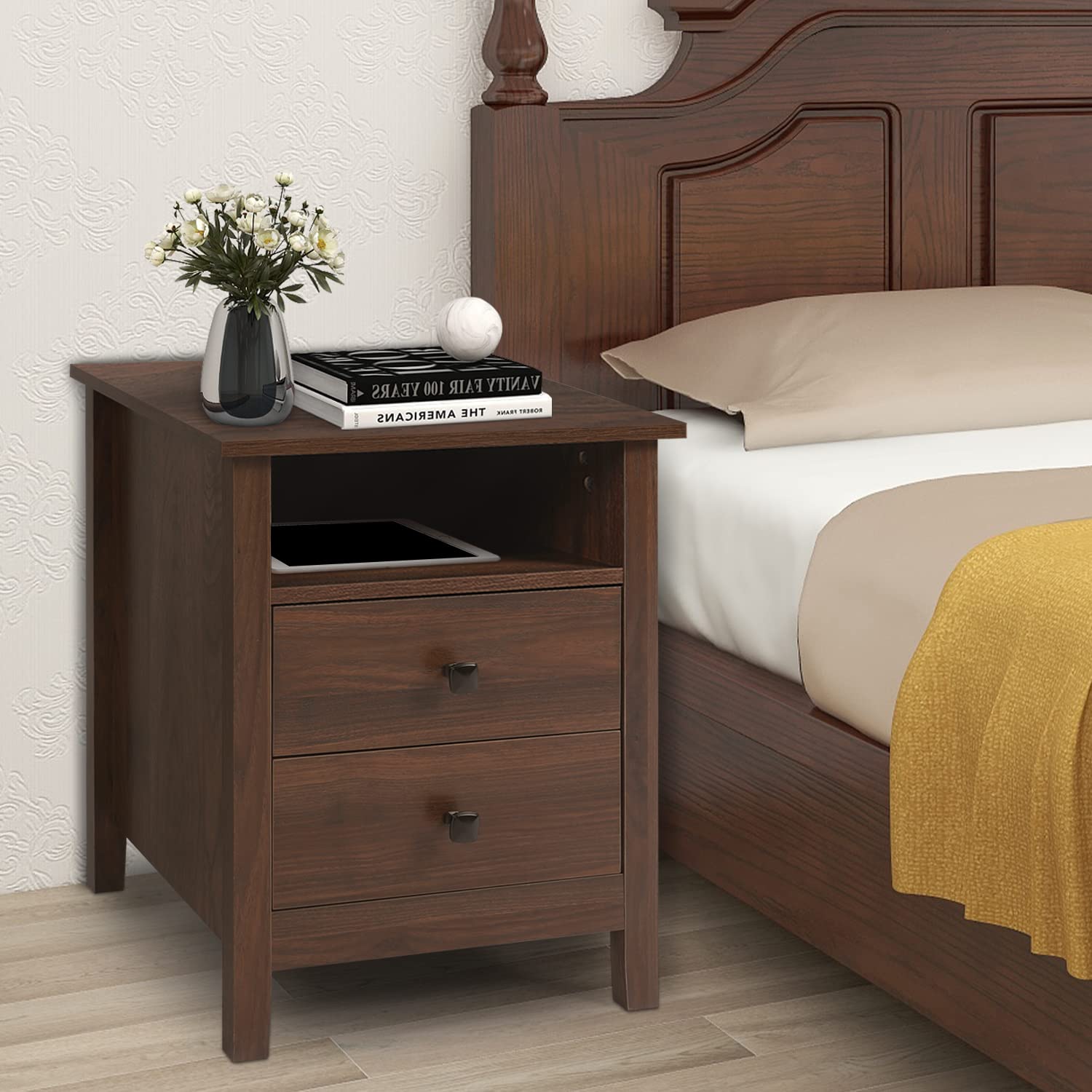 Nightstands with 2 Drawer, Set of 2 Wooden Nightstand for Bedroom