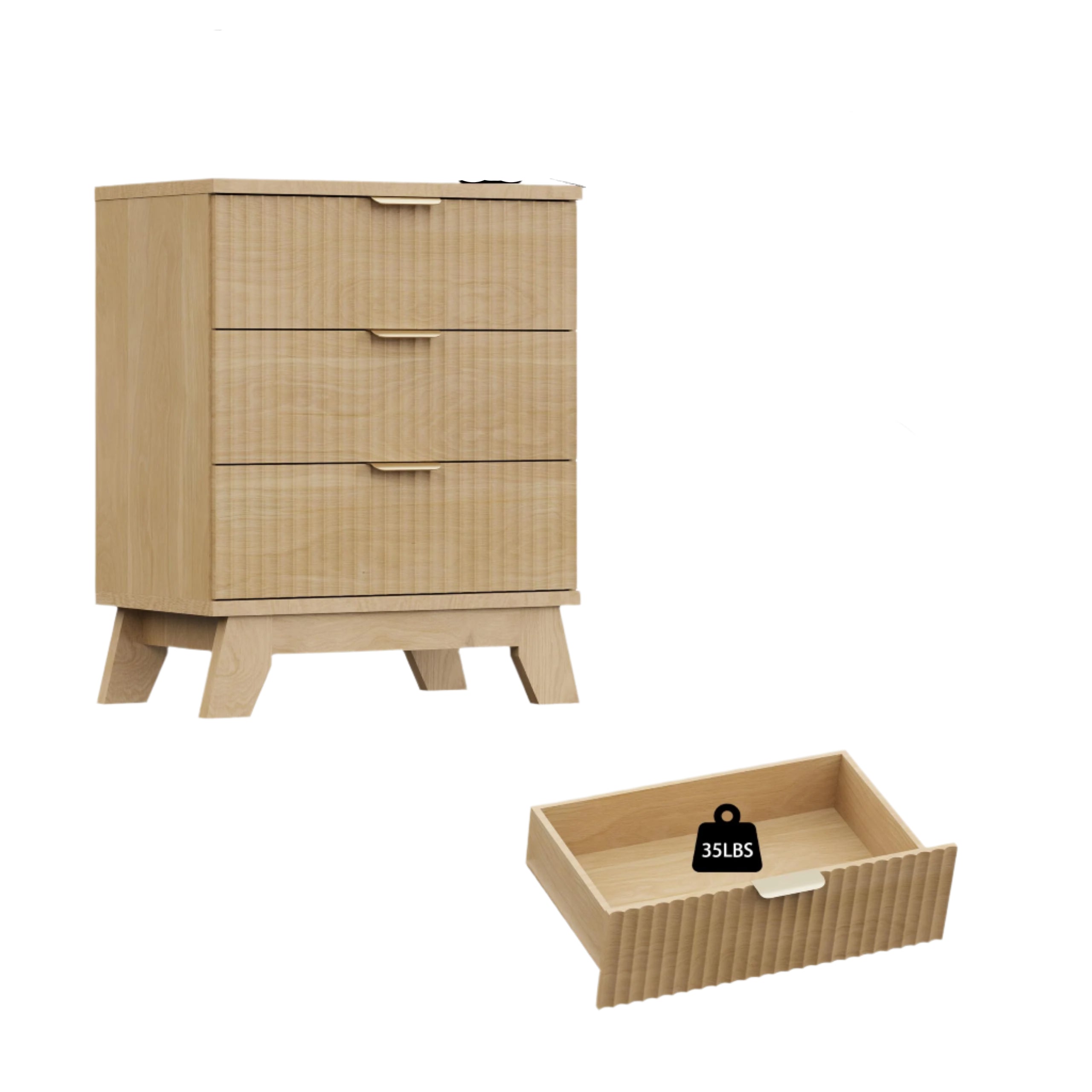 Fluted Nightstand, 24" Wide Side Table with 3 Large Storage Drawers