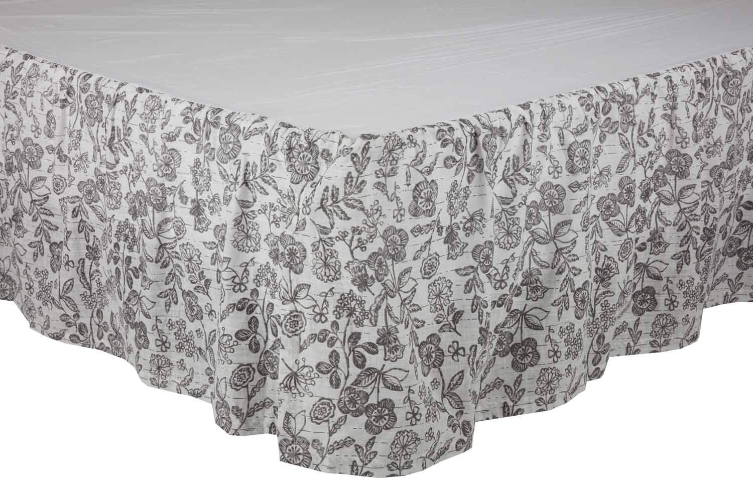 Gray Gables King Floral Bed Skirt w/ 16" Drop, Gray and Soft White Printed Dust Ruffle
