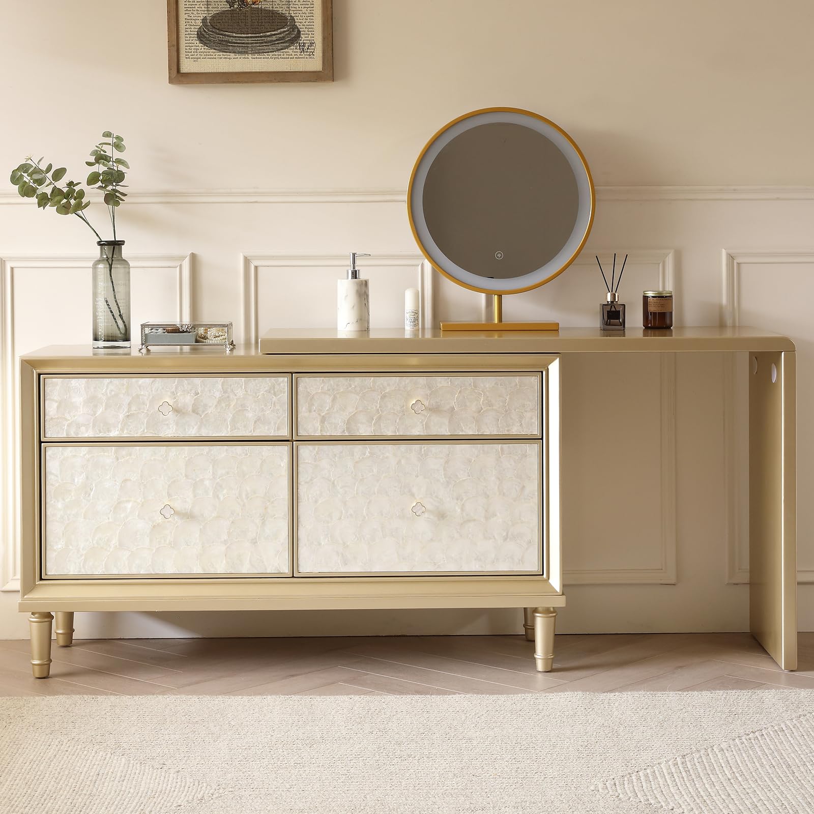 Vanity Desk Dressing Table with 4 Drawers LED Lighted Makeup Vanity Mirror Vanity