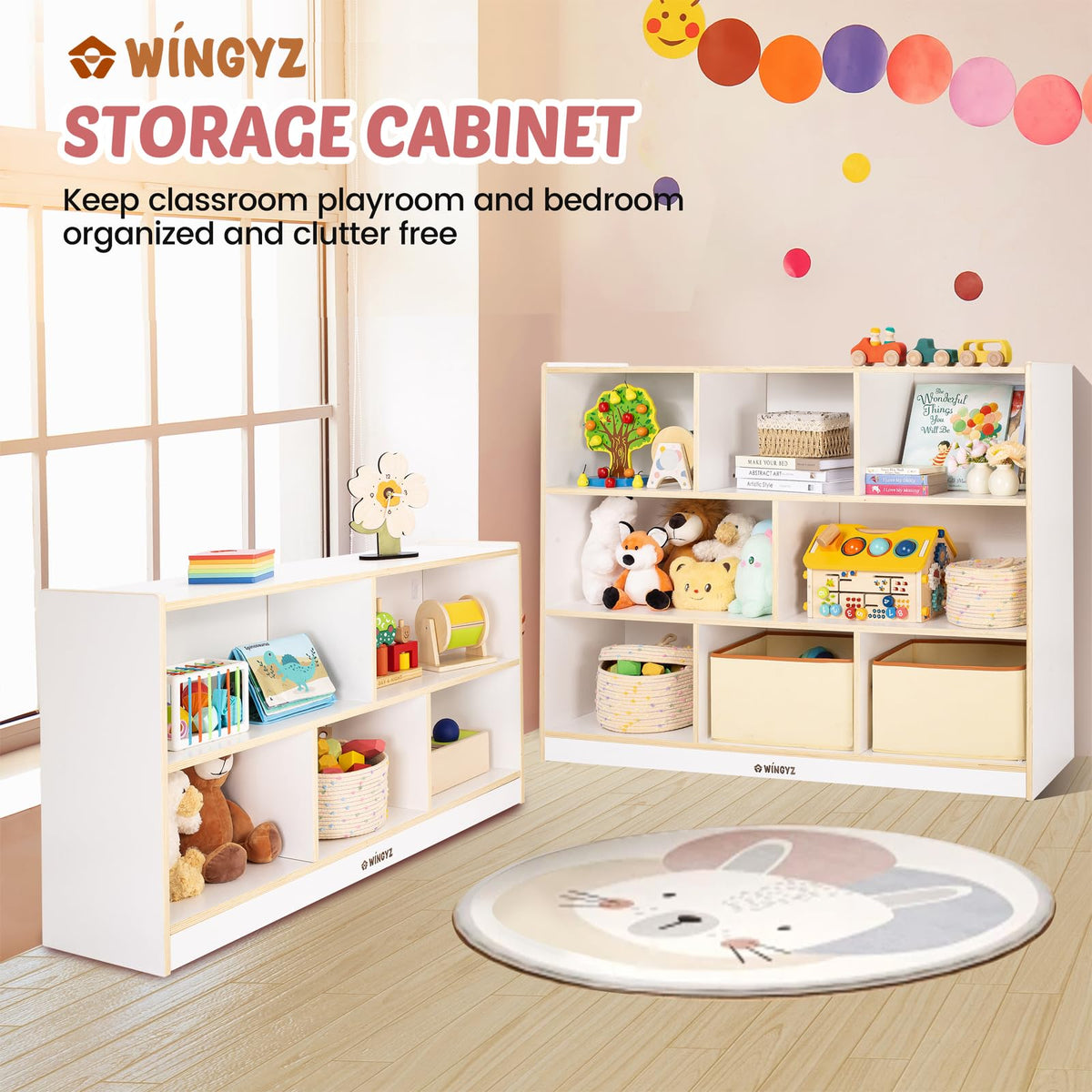 Kids Montessori Bookshelf & Storage Cabinet, 5-Section Wooden Organizer