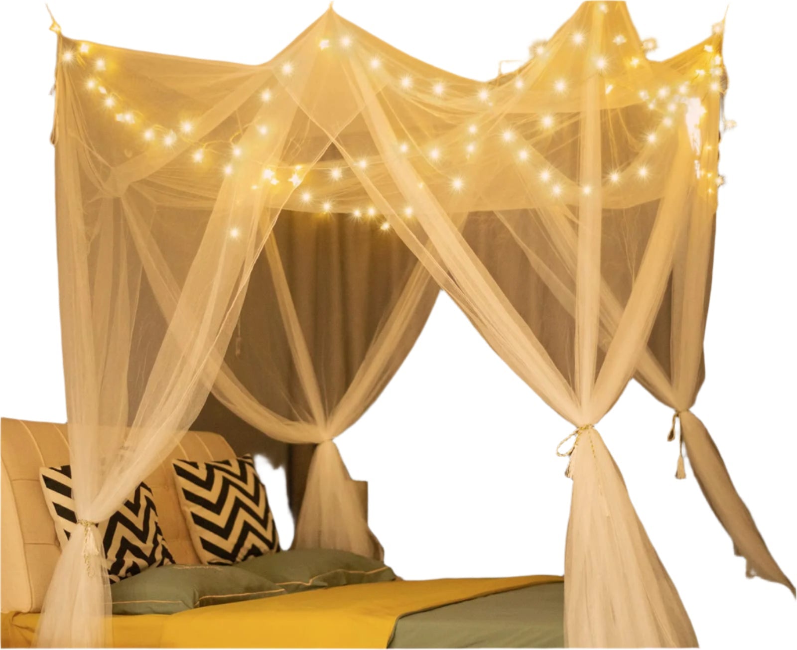 White Bed Canopy with 24 Colors Star Lights for Girls, 8 Corner Princess Canopy