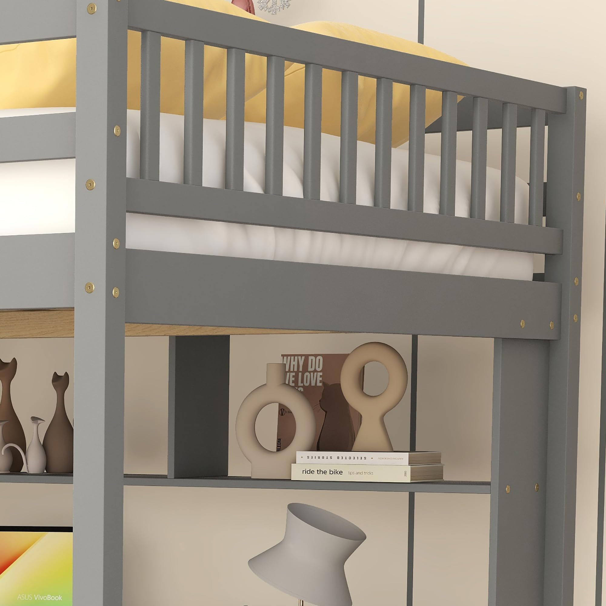 Full Loft Bed with Desk & Storage Stairs, Wood Loft Bed with Shelves
