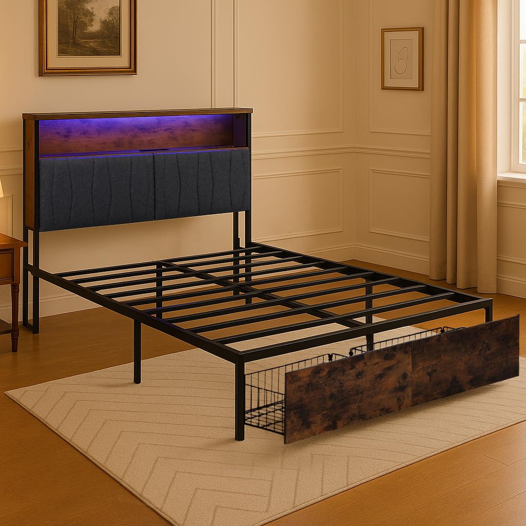 Platform Bed Frame with LED Lights and Charging Station
