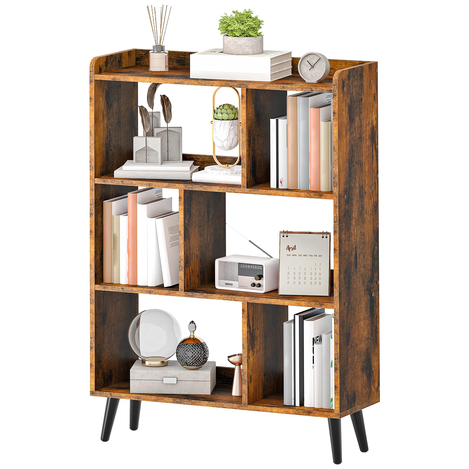 6 Cube Bookshelf, 4 Tier Bookcase with Legs, Mid-Century Modern Bookshelves