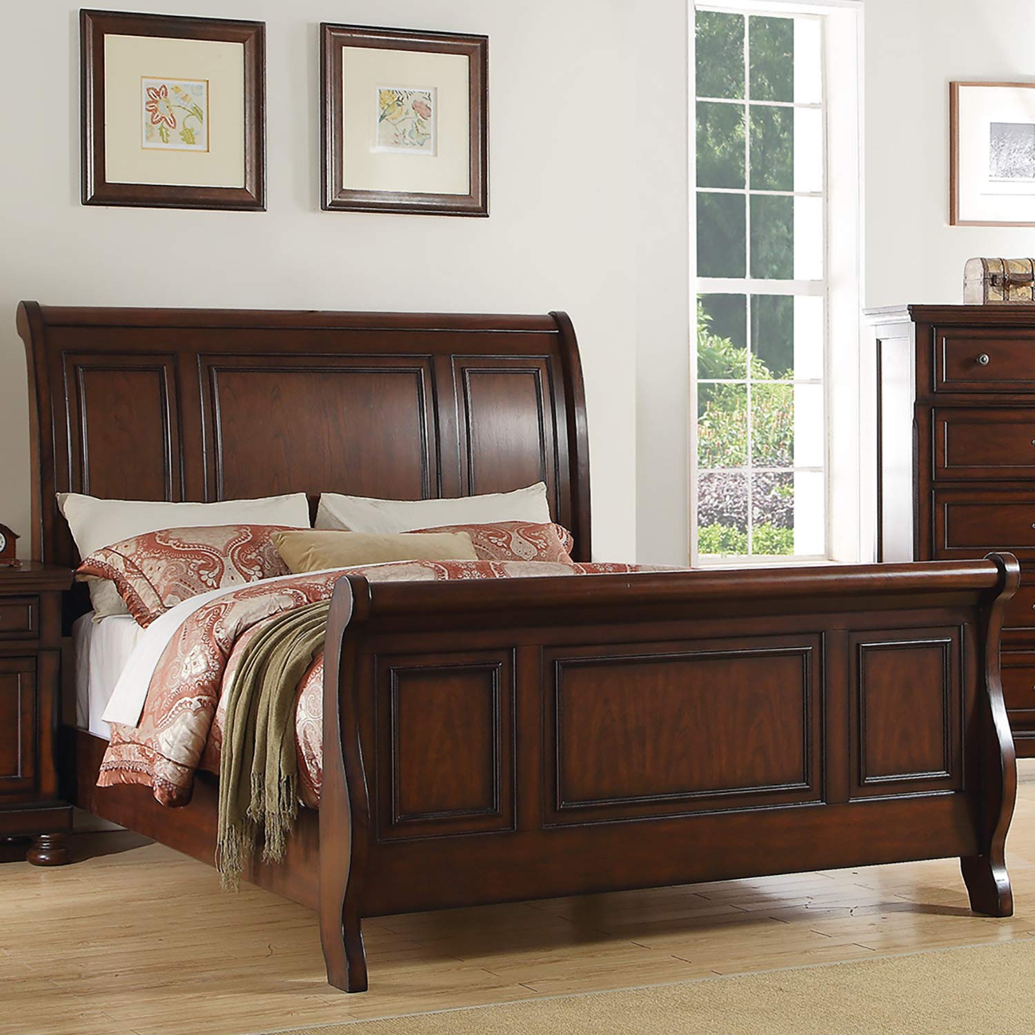 Pine Wood Cal King Sleigh Bed, Cherry Brown