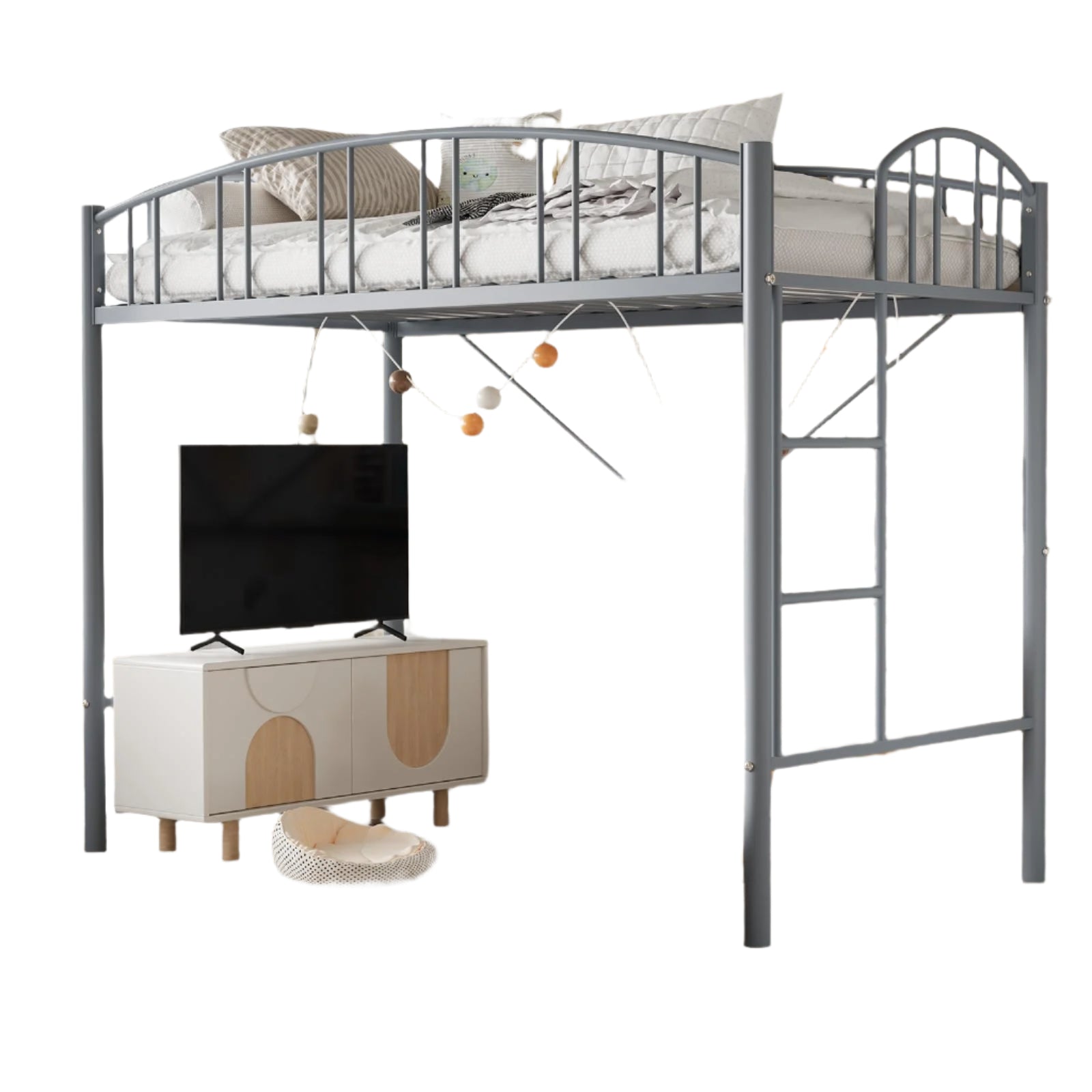 Garvee Loft Bed Twin Size with Ladde and Arched Guardrail, Heavy Duty Metal Loft Bed Frame for Kids and Adults, Sturdy Steel Slats Support, Small Space Saving Design, No Box Spring Needed, Gray