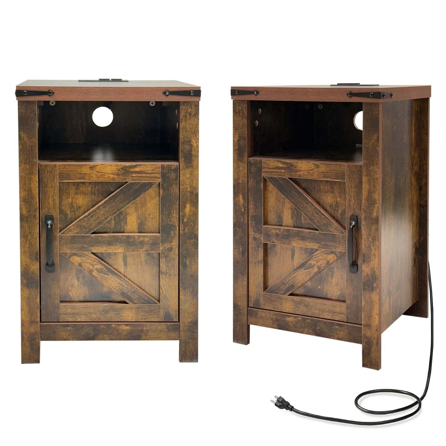 Brown Farmhouse Nightstand Set of 2, Rustic End Table with Barn Door and Shelf
