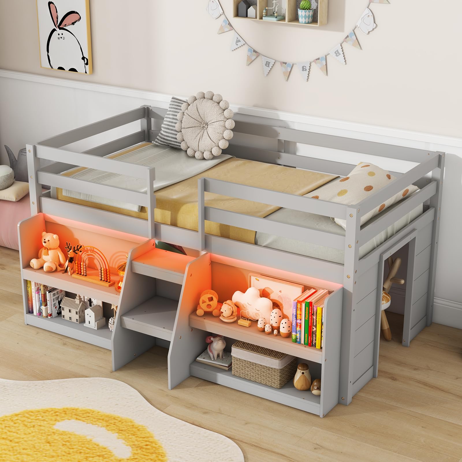 Low Loft Bed with LED Lights, Wooden Loft Bed Twin Size with Stairs & Safety Guardrail